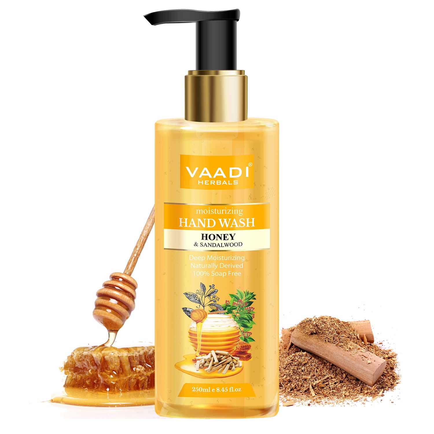 Vaadi Herbals Luxurious Hand Wash - 250ml (Pack of 3) | Aloe Vera, Jojoba Oil, Neem Oil, Ginger, Honey & Sandalwood | Moisturizing & Antibacterial for Dry Skin | Perfect for Home, Office & Travel Use