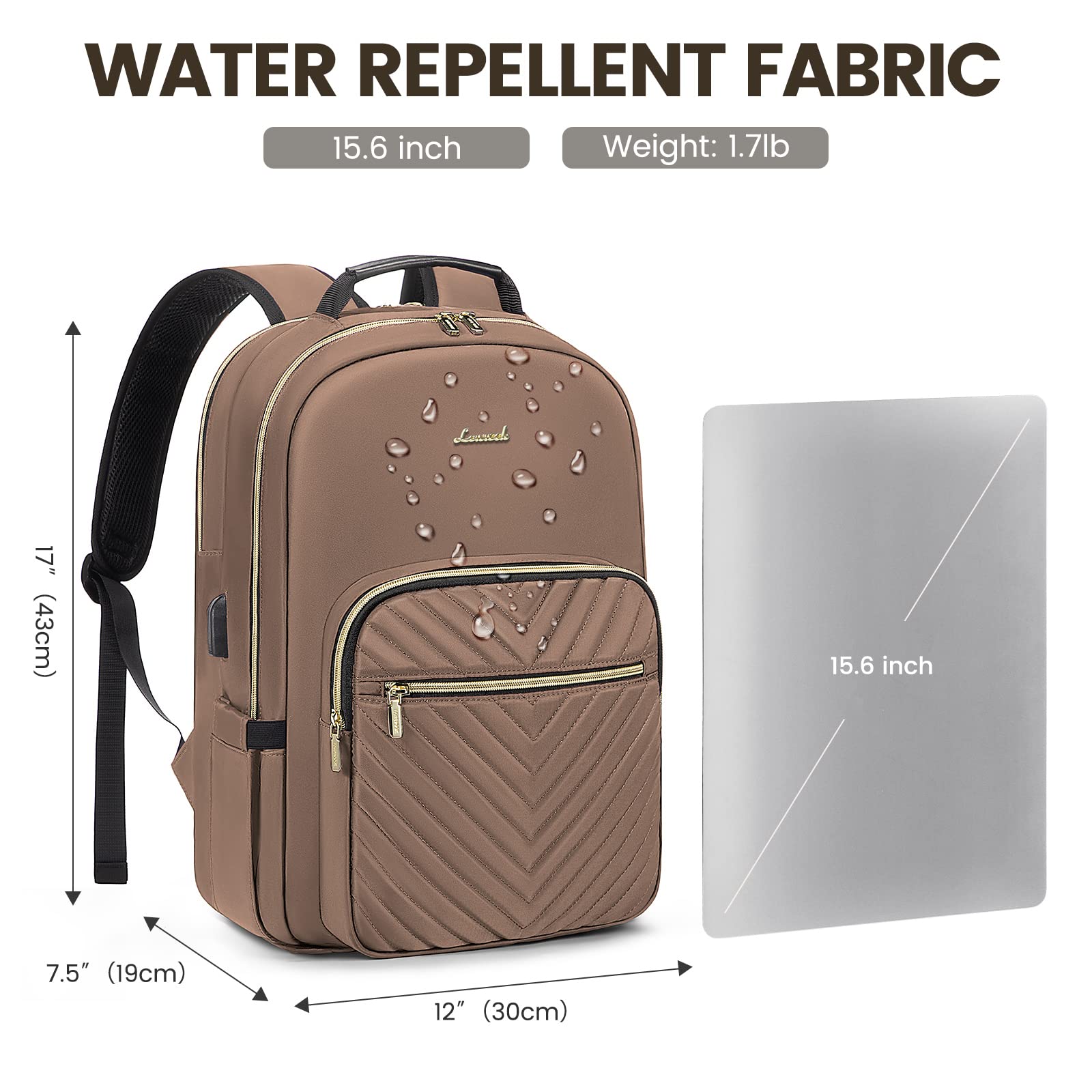 LOVEVOOK Women's 15.6 Inch Laptop Backpack - Stylish Waterproof Travel Purse & Professional Work Bag with USB Port, Ideal for Business, College, Teaching & Daily Commute, Brown