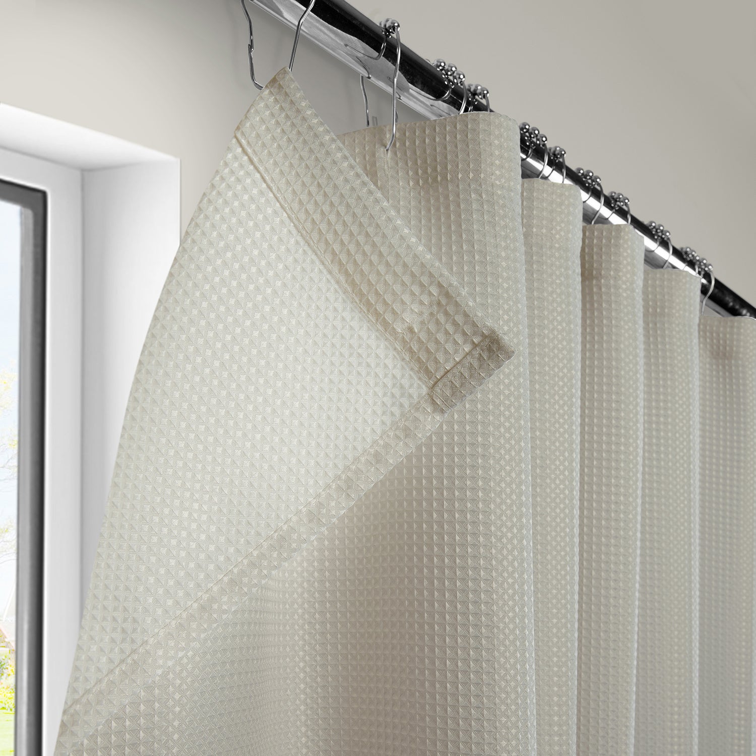 Light Beige Modern Waffle Heavyweight Fabric Shower Curtain - Waterproof Bathroom Decor for Farmhouse, Hotel & Home Use