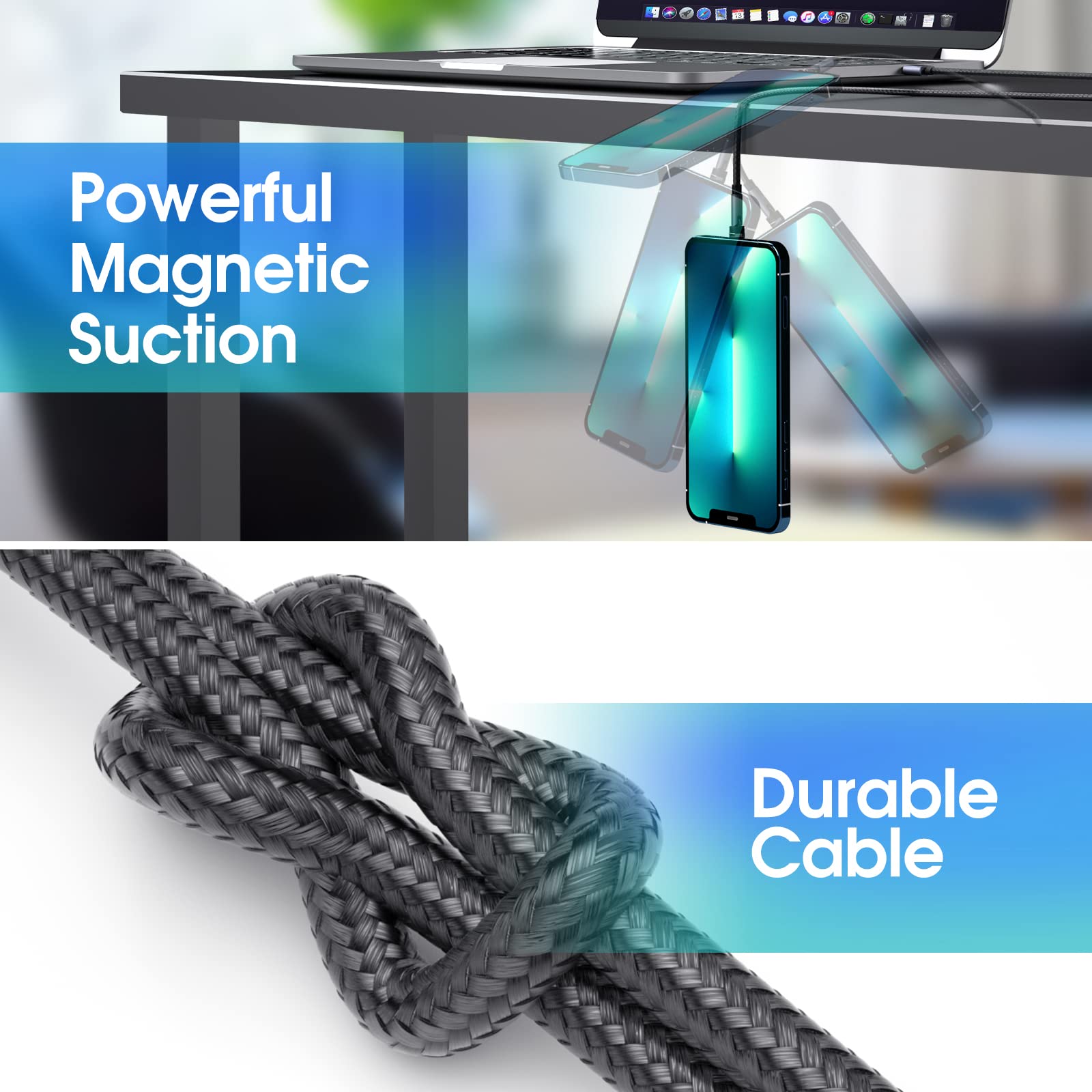 Premium Magnetic Charging Cable 6-Pack [3ft/6ft/10ft] - 540° Rotating 3-in-1 Fast Charger with Nylon Braiding for iPhone, Android, Type-C & Micro USB Devices - Perfect for Home, Office & Travel Charging
