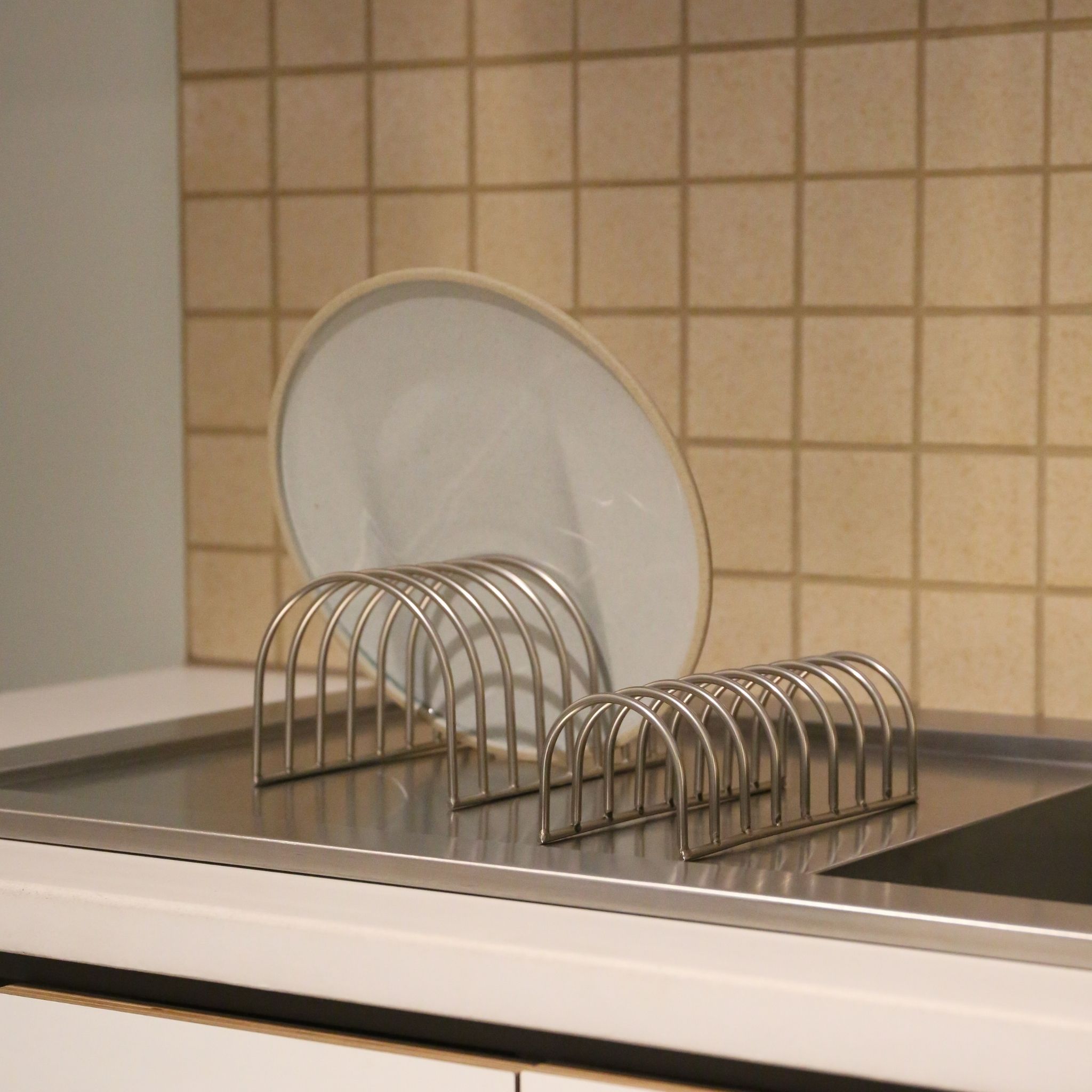 Premium Brushed Steel Dish Drainer Set of 2 - Space Saving Kitchen Organizer for Countertop Drying Rack | Ideal for Small Kitchens, Apartments & RVs
