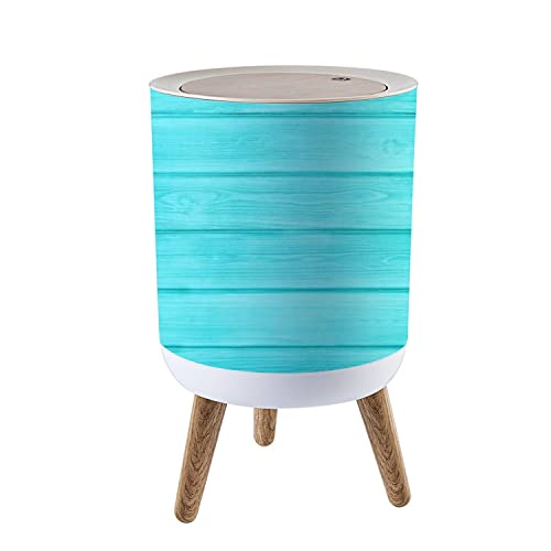 Small Wooden Trash Can with Lid - Turquoise Painted Waste Bin with Wood Legs & Press Cover, Round Garbage Bin for Kitchen, Bathroom, Bedroom & Office | Eco-Friendly Home Decor & Waste Management Solution