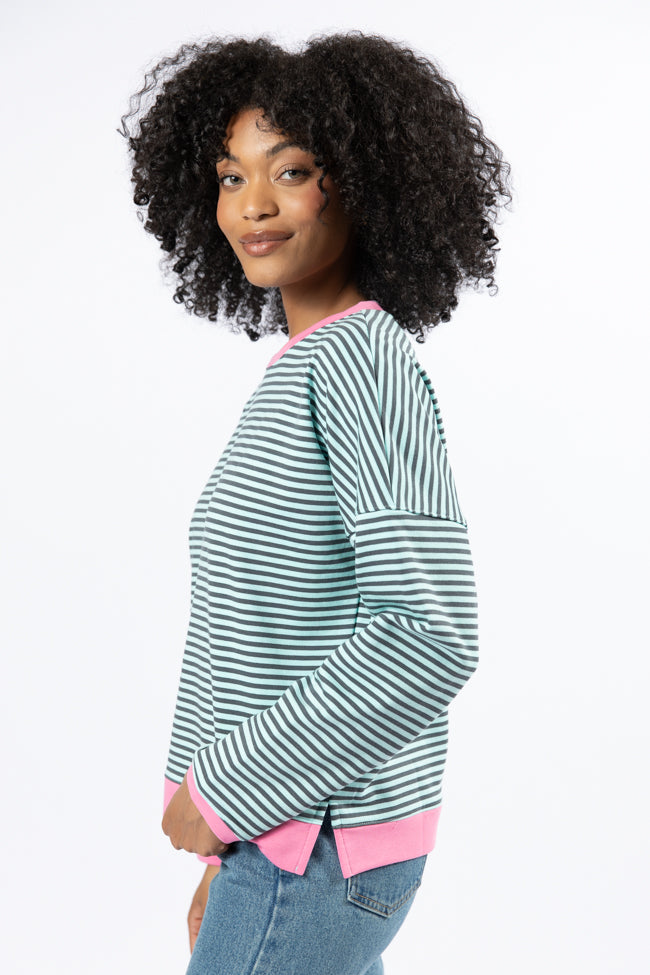 Think On It Pink, Navy, and Charcoal Striped Contrast Trim Pullover Sweater | Women's Casual Knit Top | Perfect for Fall Layering and Weekend Outfits