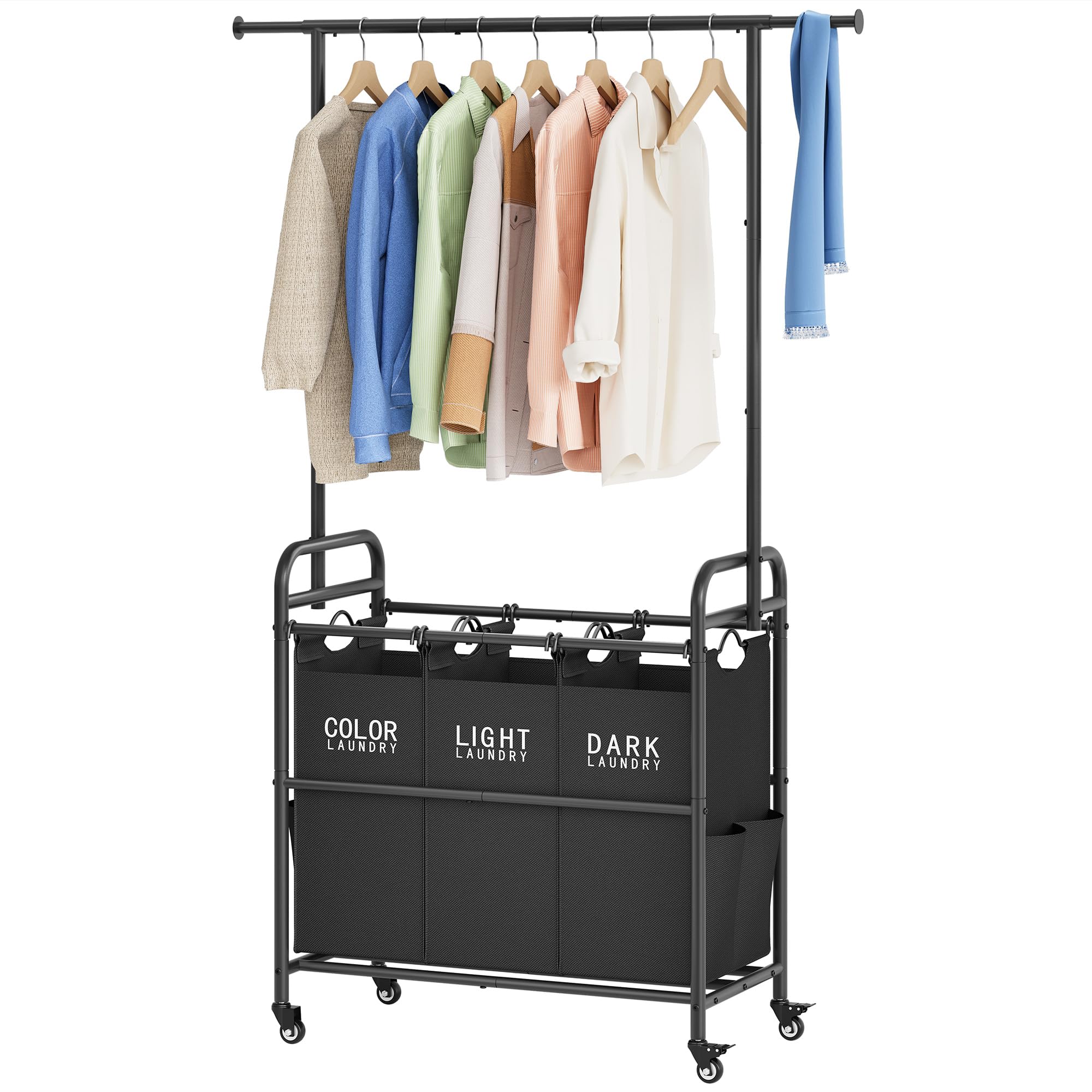Tajsoon 3-Section Laundry Sorter Cart with Hanging Rack & Lockable Wheels - Heavy Duty Rolling Laundry Hamper for Bedroom, Closet, or Laundry Room Organization (Black)