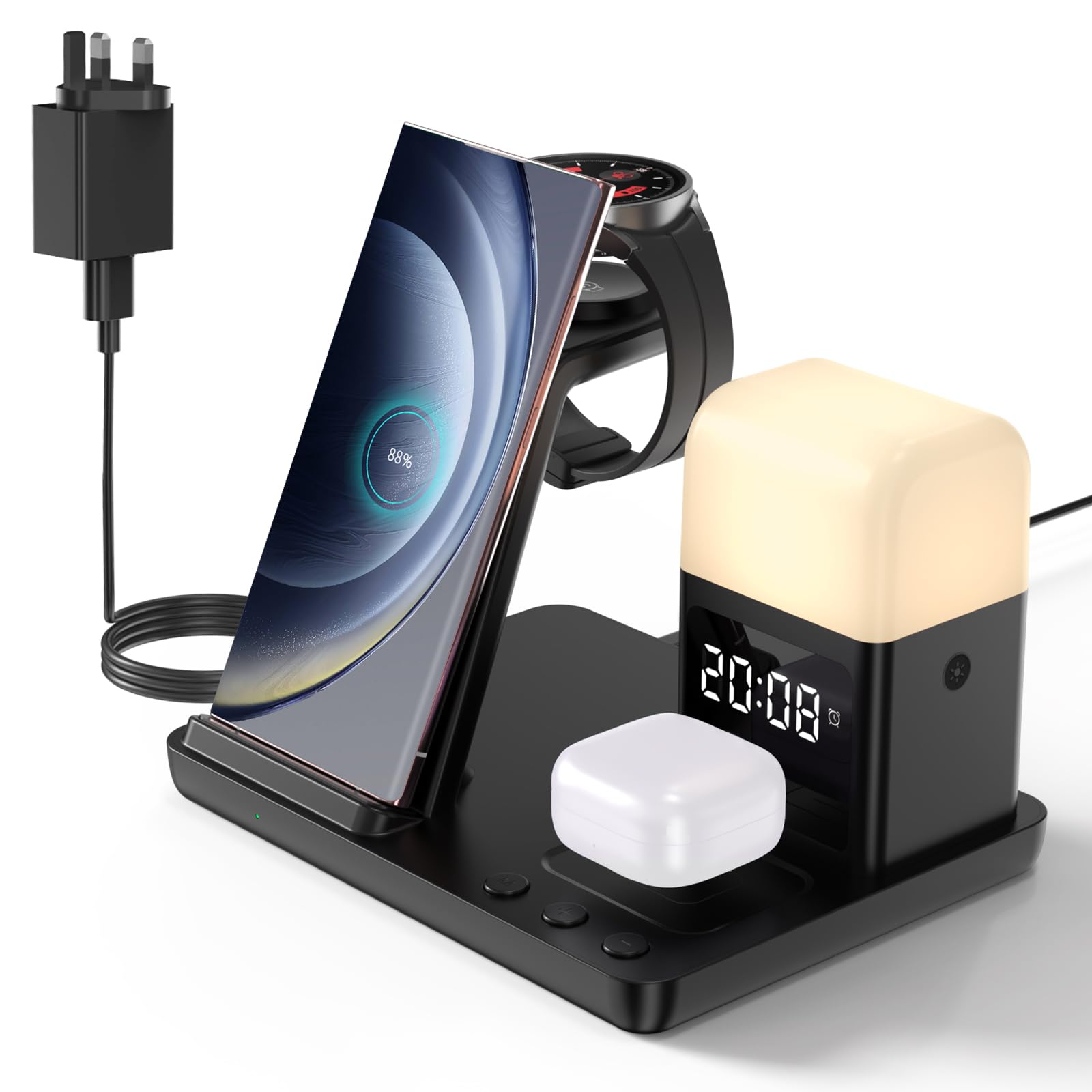 5-in-1 Wireless Charging Station for Samsung Galaxy S24/Flip5/Fold5/Note20 Ultra - Fast Charger Stand for Galaxy Watch 6/5/4/3 & Buds Live/Plus/2 Pro with Alarm Clock & 3 Night Lights - Perfect for Bedroom, Office, and Travel Charging Needs