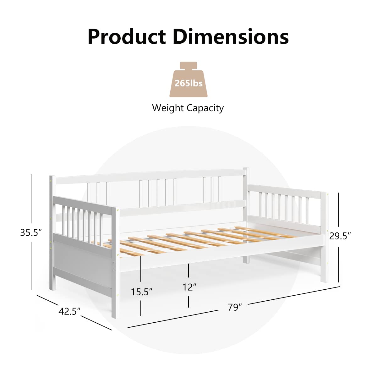 KOTEK Twin Size Wooden Daybed Frame with Rails - Convertible Sofa Bed for Guest Room, Living Room & Bedroom - Sturdy Platform Bed Frame (White) | Perfect for Small Spaces, Sleepovers & Multi-Functional Furniture Needs