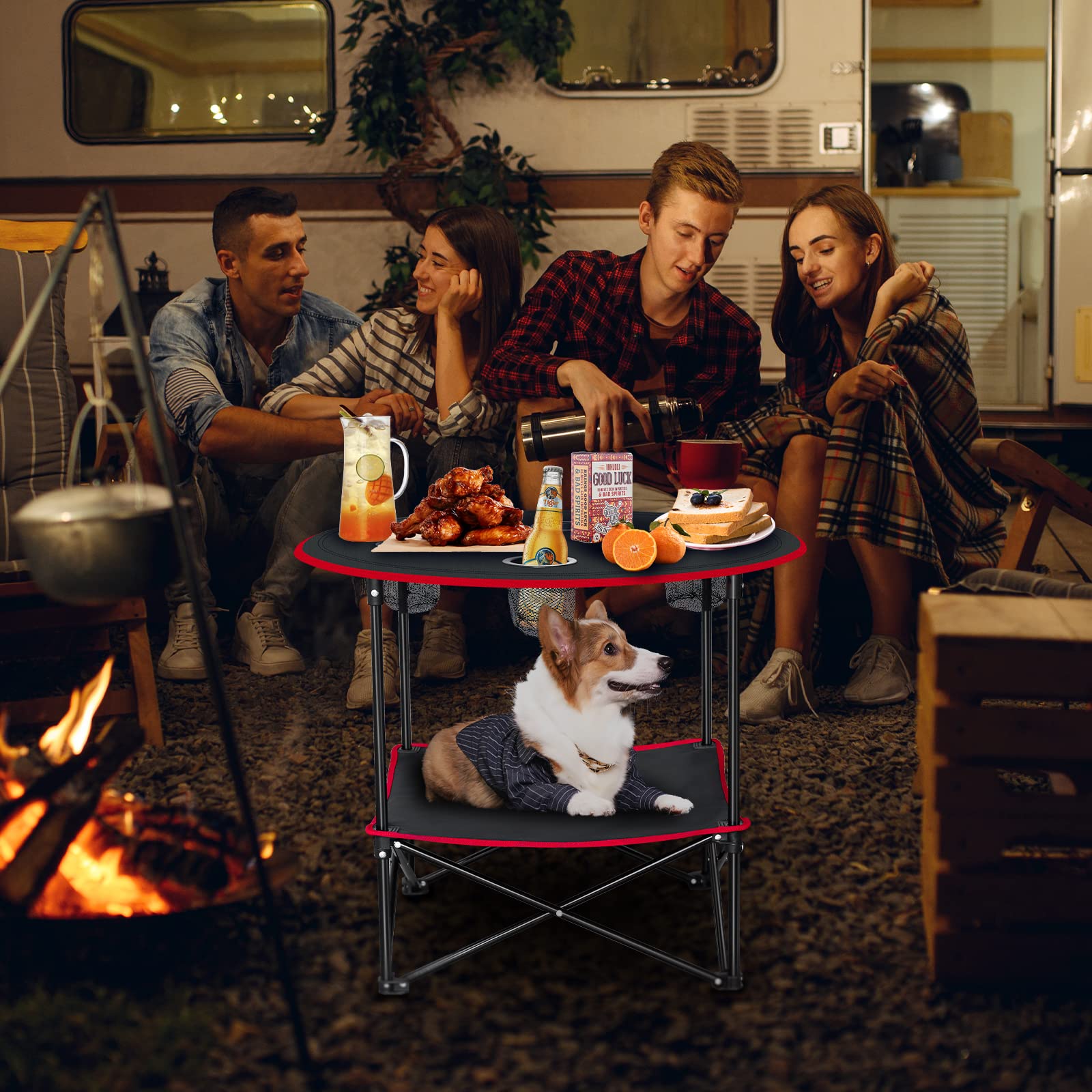 Portable Folding Camping Table with 4 Cup Holders & Carry Bag - Lightweight Collapsible Outdoor Picnic Table for Beach, BBQ, Garden, Travel & Patio - Compact Canvas Camp Table (Red) - Perfect for Camping Trips, Backyard Parties & Outdoor Adventures