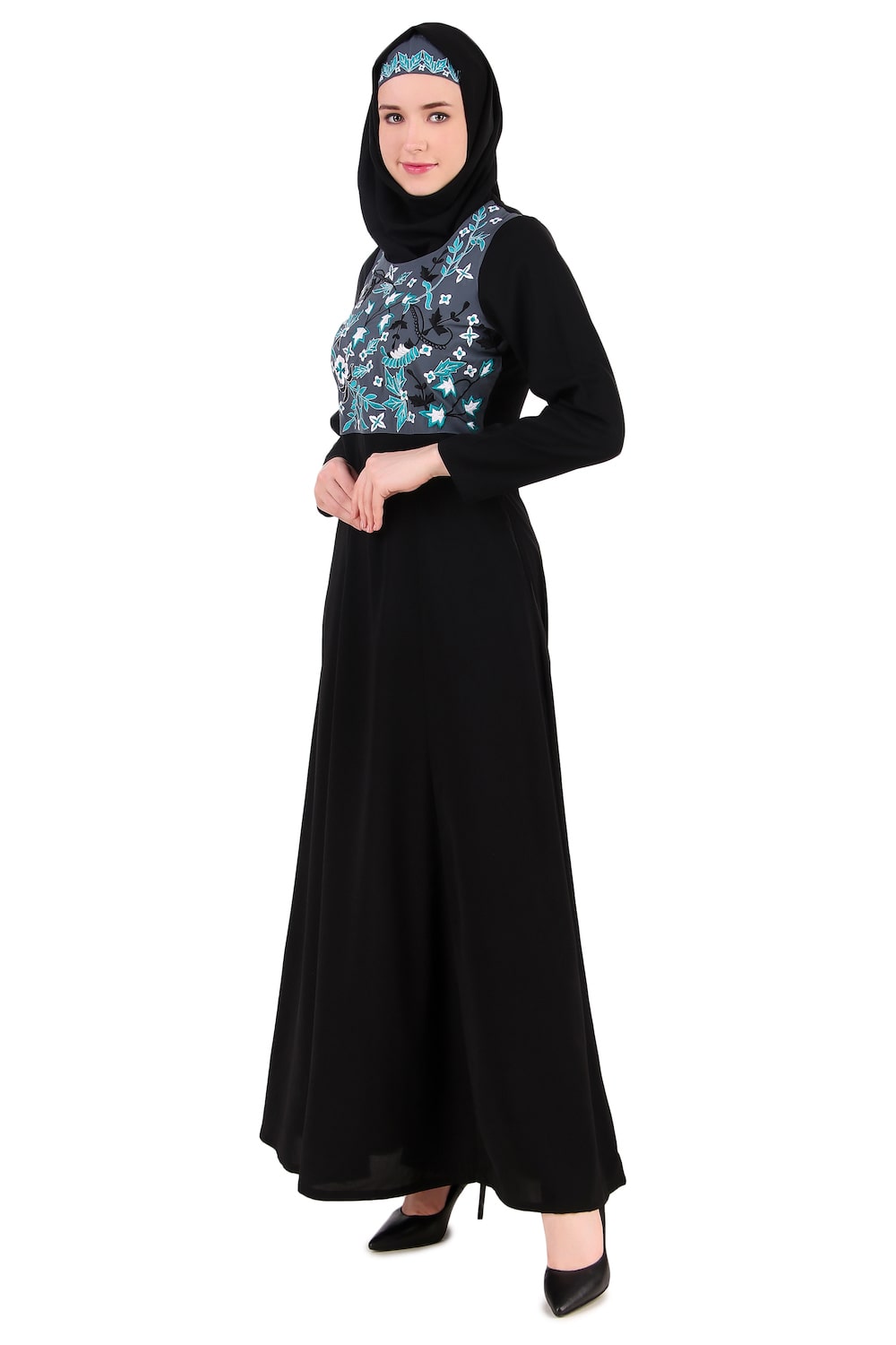Elegant Floral Embroidered Abaya Dress with Multi-Panel Bodice - Perfect for Eid, Weddings & Special Occasions