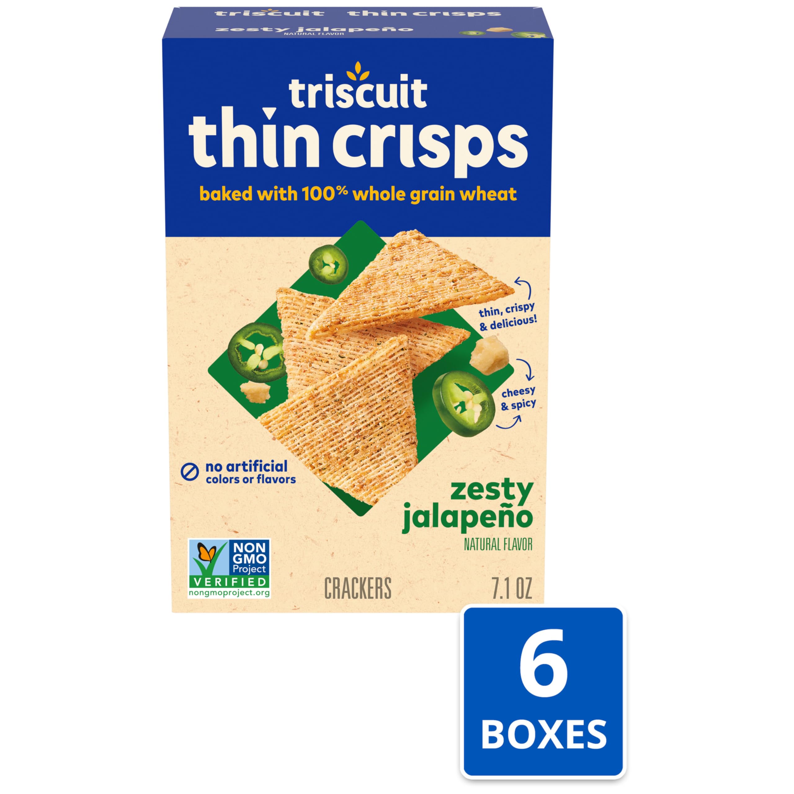 Triscuit Thin Crisps Zesty Jalapeno Whole Grain Wheat Crackers - Healthy Snacks for Lunch, Office & Parties - Bulk Pack of 6 (7.1 oz Each) - Perfect for Picnics, School Snacks & On-the-Go Munching