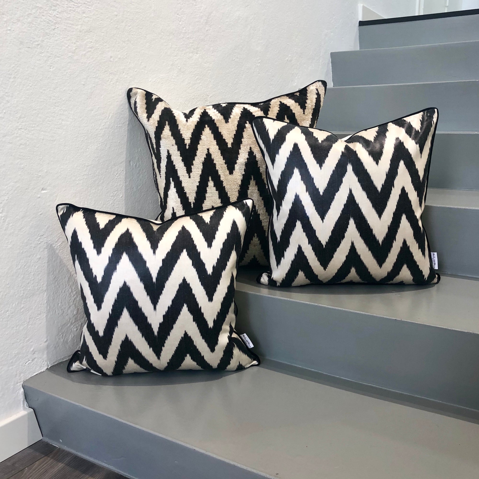 Luxury Silk Ikat Cushion Cover - Black Zigzag Pattern | Premium Decorative Pillow for Sofa, Bed & Home Decor