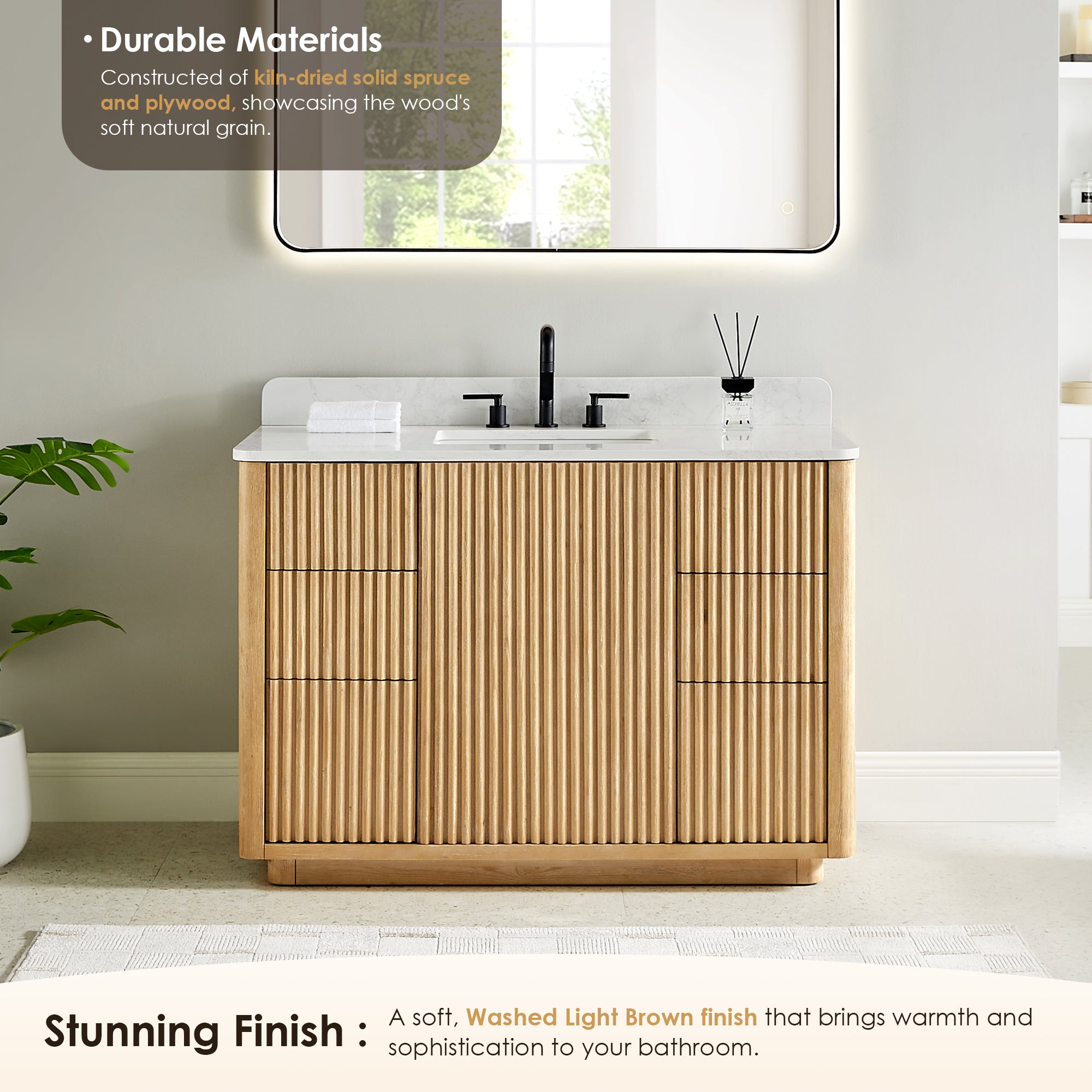 Clayton 48 Inch Single Bathroom Vanity Set with Washed Light Brown Finish & White Engineered Stone Countertop - Modern Farmhouse Sink Cabinet for Powder Room or Master Bath Remodel