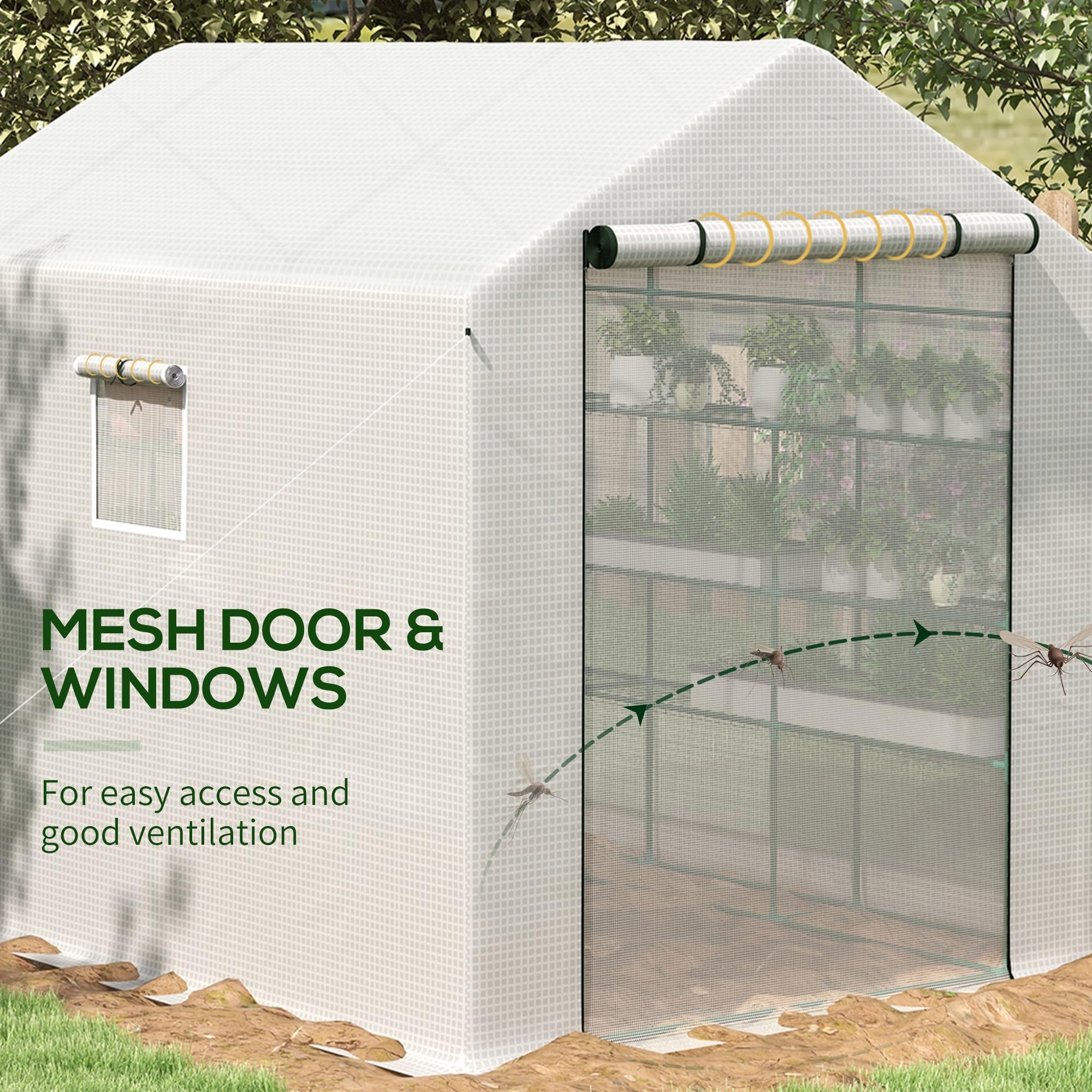 Outsunny 8' x 6' x 7' Walk-in Greenhouse with Mesh Door & Windows - 18 Shelf Plant House with Trellis & Plant Labels - UV Protected for Growing Flowers, Herbs, Vegetables & Saplings - Perfect for Backyard Gardening, Urban Farming & Year-Round Plant Protection (White)