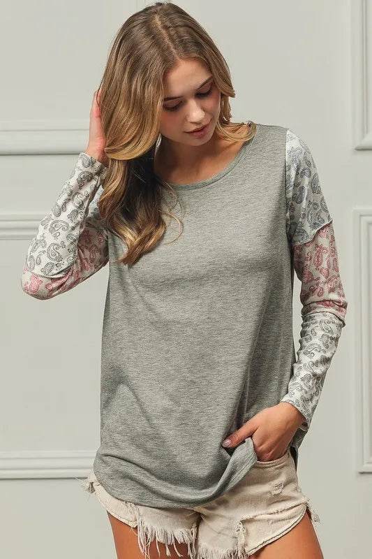 BiBi French Terry Paisley Triblend Color Block T-Shirt - Soft & Stylish Casual Wear for Women | Perfect for Everyday Outfits, Lounge Wear & Street Fashion