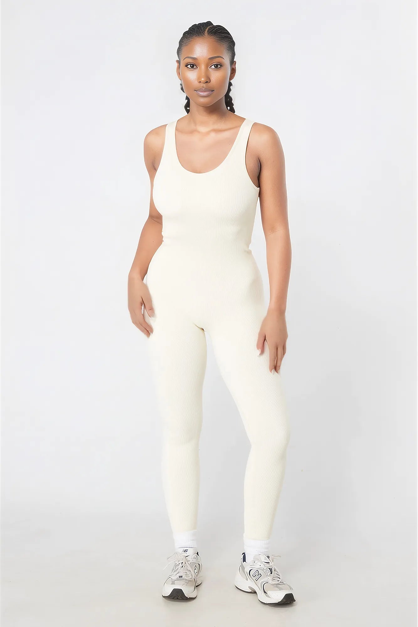 Women's Twill Active Ribbed Unitard Bodysuit - Cream | Stretchy Workout & Dance Wear for Yoga, Gym & Performance