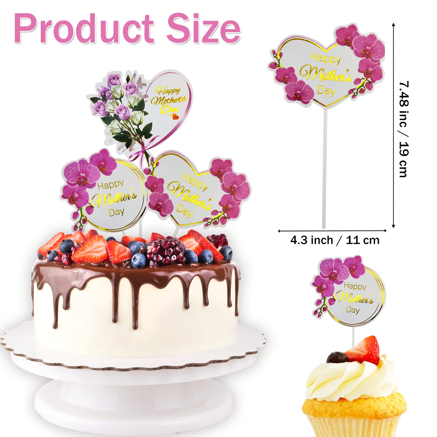 15 Pcs Happy Mother's Day Cake Toppers - Heart & Flower Cupcake Toppers, Heart Shaped Cake Picks for Birthday, Mother's Day Party Decorations - Perfect for Wedding, Baby Shower & Anniversary Cakes