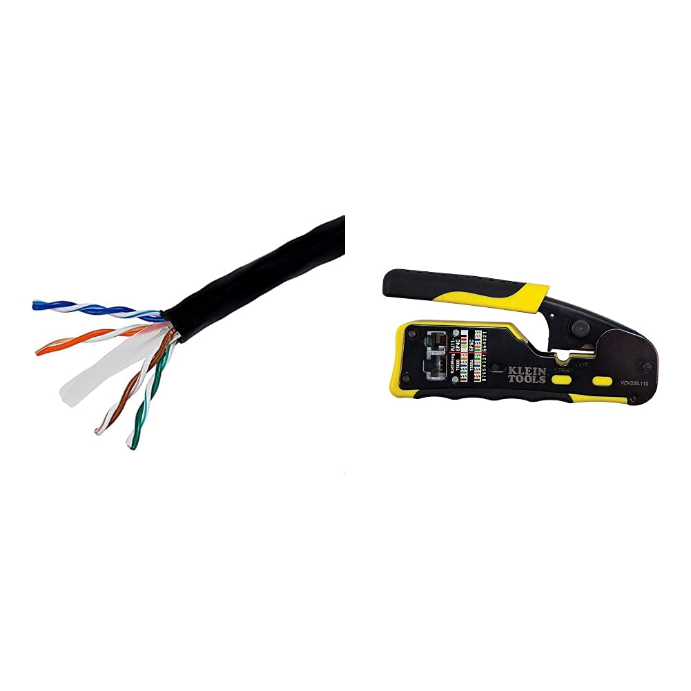 Monoprice Cat6 Ethernet Bulk Cable - 1000ft Stranded Pure Bare Copper Wire, 24AWG, 550Mhz UTP Network Internet Cord (Black) & Klein Tools VDV226-110 Wire Crimper/Cutter - Perfect for Home/Office Network Installation and Cable Termination