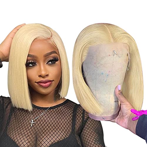 13x4 Transparent Lace Front Bob Wig - 100% Human Hair Blonde 613 Short Bob Wig for Black Women | Pre-Plucked with Baby Hair | 14 Inch Natural Looking Wig for Daily Wear & Cosplay