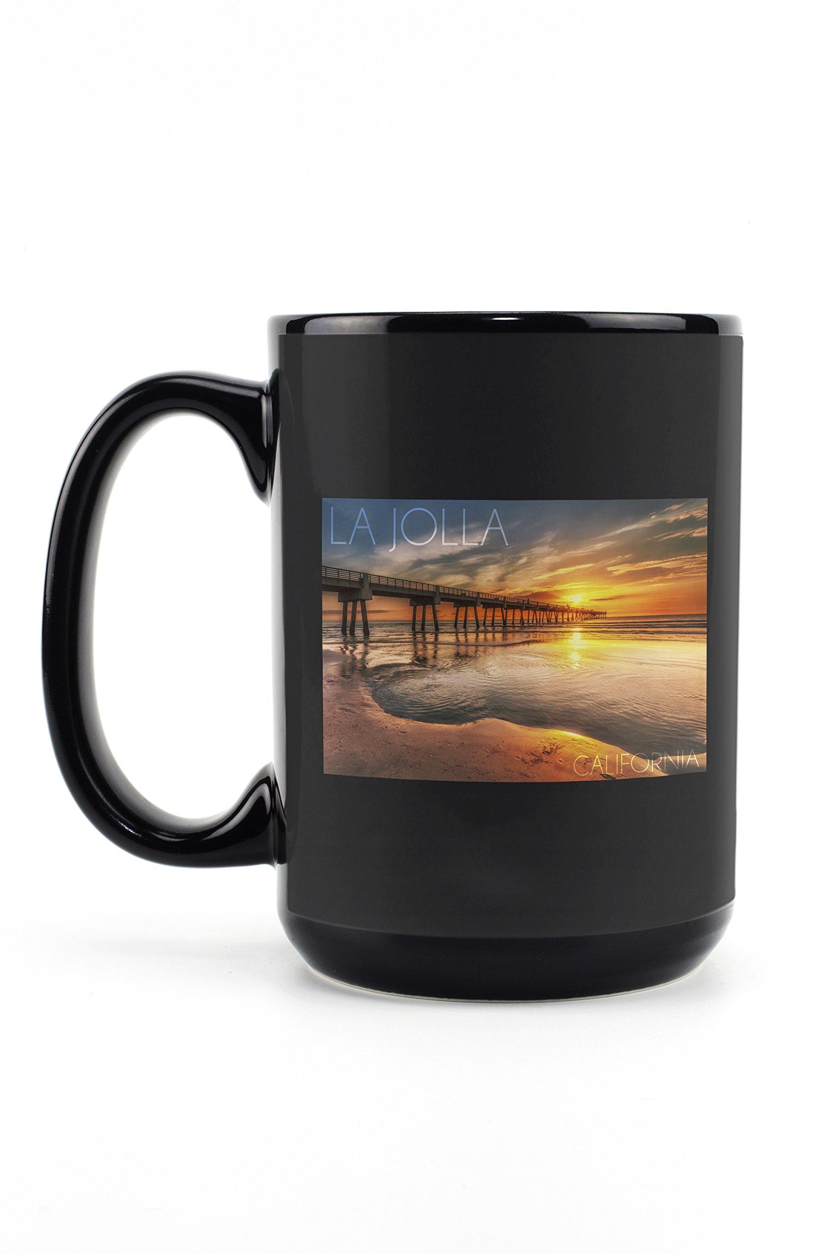 Lantern Press La Jolla California Pier Sunset 15oz Black Ceramic Coffee Mug - Microwave & Dishwasher Safe - Perfect for Home, Office & Gift Giving