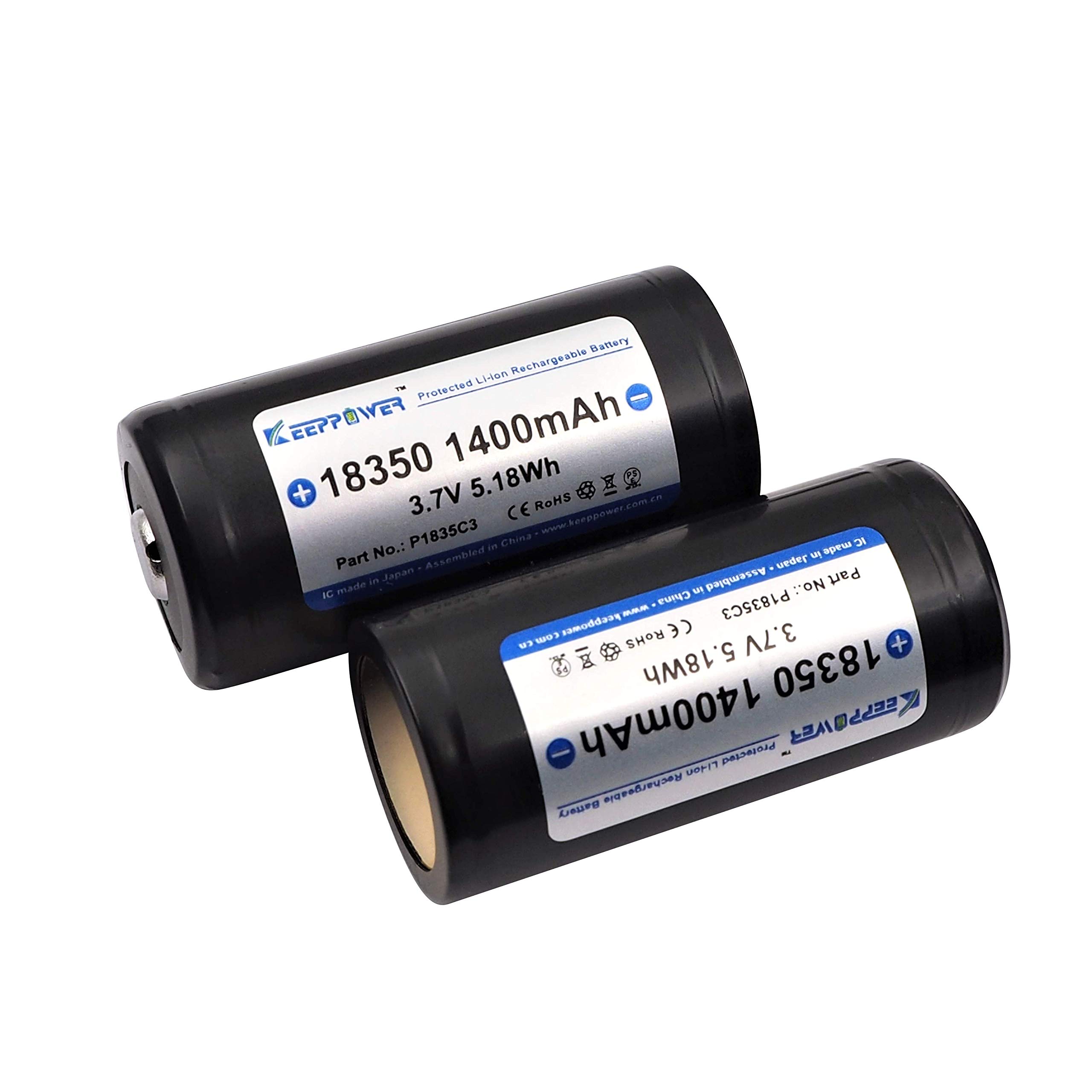 Keeppower Protected 18350 Li-ion Rechargeable Battery 3.7V 1400mAh 5.18Wh Button Top - 2 Pack for Flashlights, LED Torches & Emergency Lights (Not IMR18350)