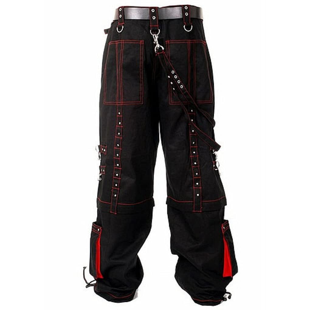 Gothic Bondage Pants for Men - Cyberpunk Red Thread Shorts with Metal Studs, Punk Rock Fashion, USA - Perfect for Concerts, Halloween & Alternative Streetwear