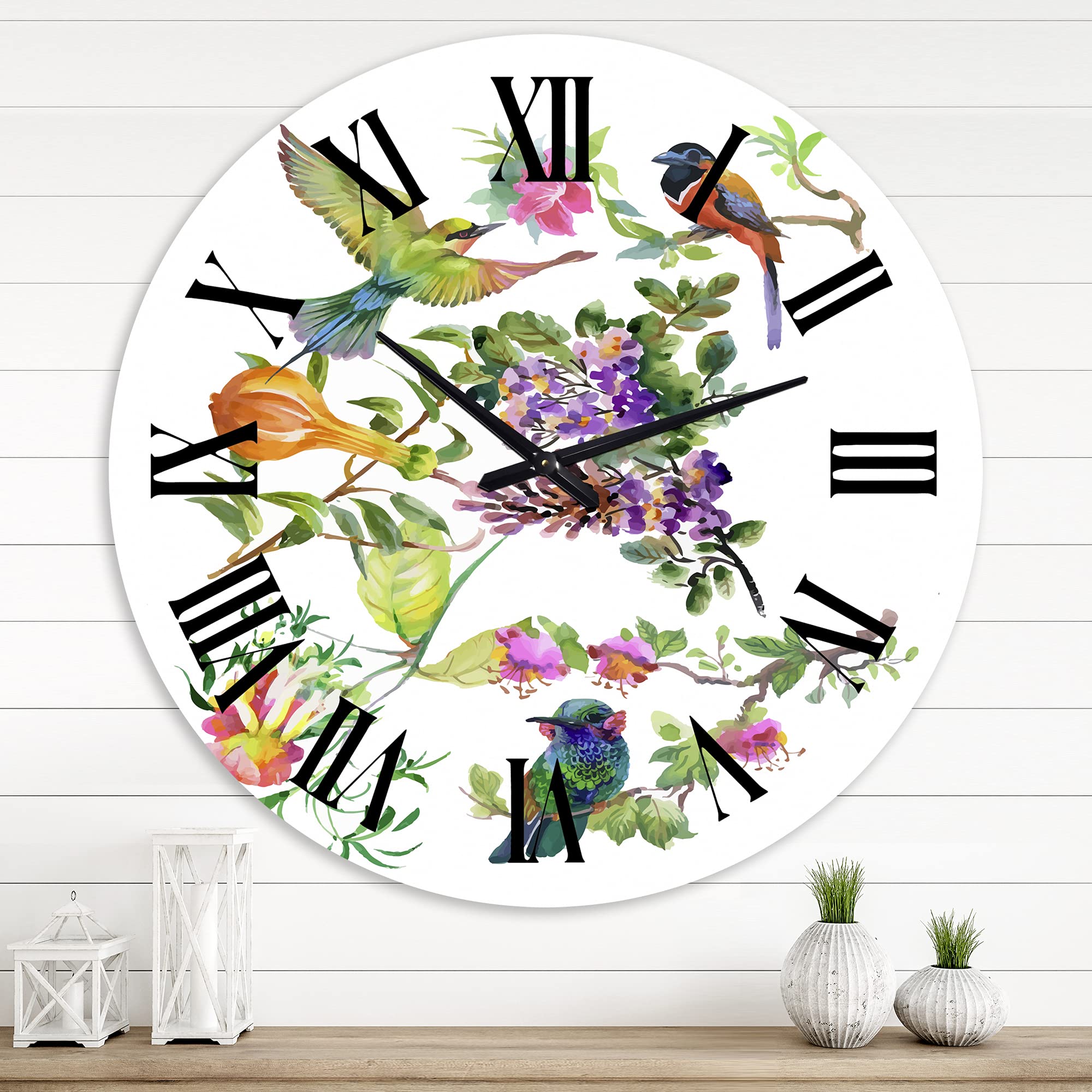 Large Tropical Flowers & Colorful Birds Wall Clock - Traditional Home Decor for Living Room, Bedroom, Office | Silent Non-Ticking Modern Clock