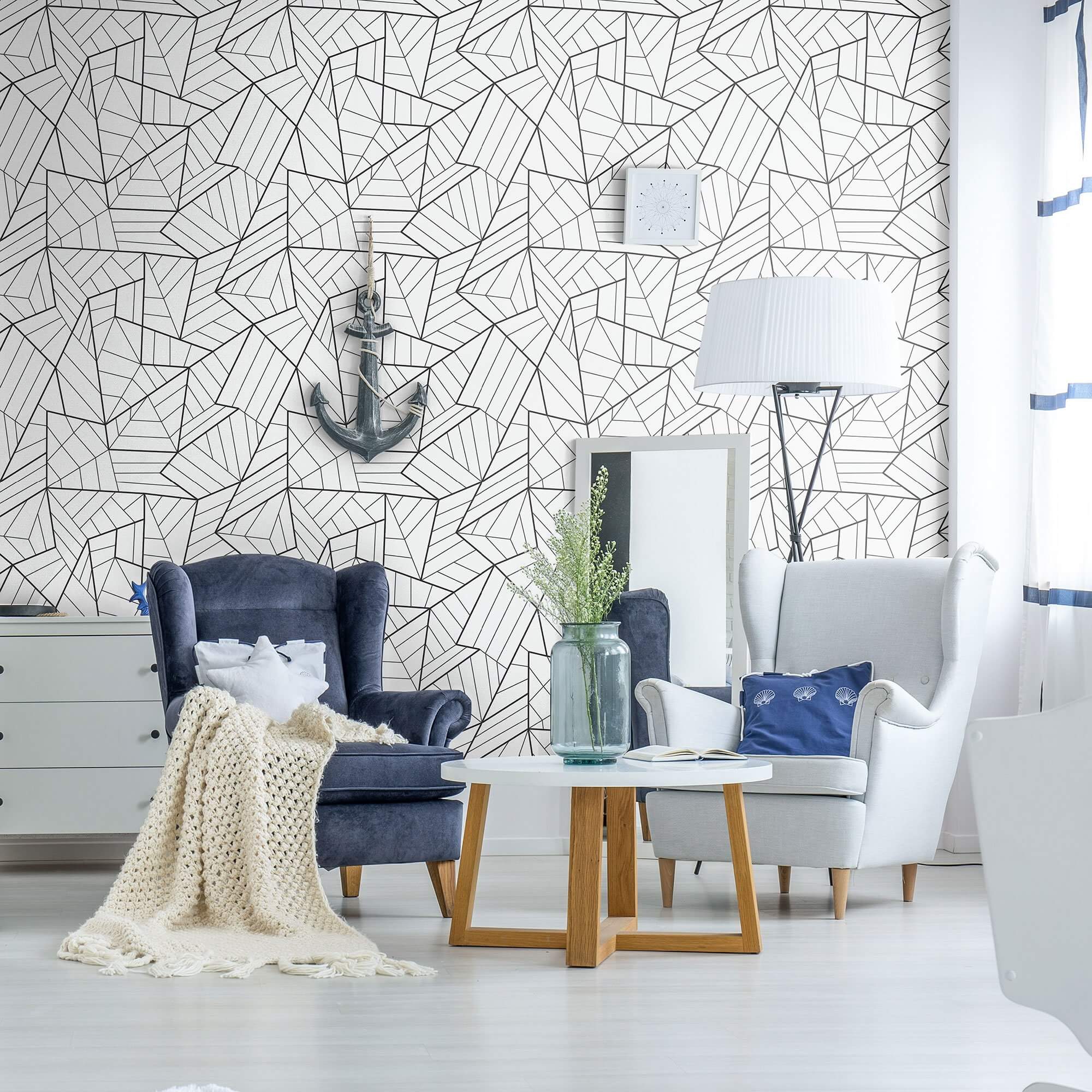 Black and White Geometric Peel and Stick Removable Wallpaper - Self-Adhesive Decorative Wall Covering for Bedroom, Living Room, Nursery, Office & Home Decor