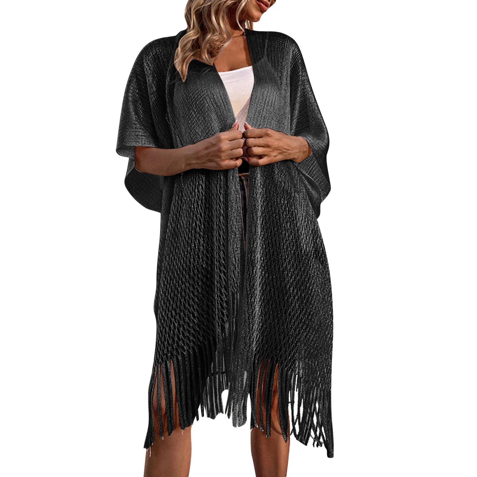 Women's Knitted Hollow Fringed Cape Coat - Long Warm Cardigan Sweater for Fall & Winter | Cozy Layering for Office, Date Night and Casual Outfits