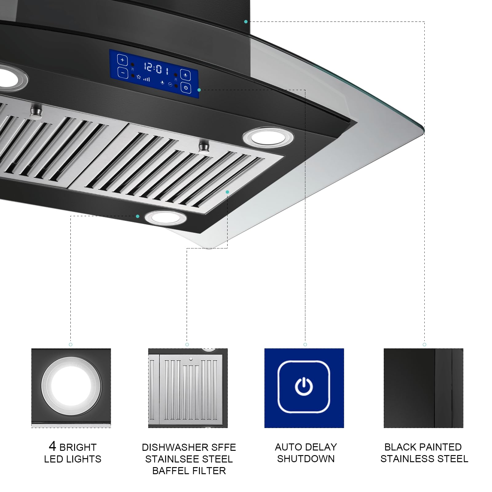 30 Inch Black Stainless Steel Island Range Hood 700CFM - Touch & Gesture Control, Convertible Kitchen Exhaust Fan with Tempered Glass, LED Lights & Permanent Baffle Filters | Modern Ceiling Mount Vent Hood for Open Kitchen & Restaurant Style Cooking