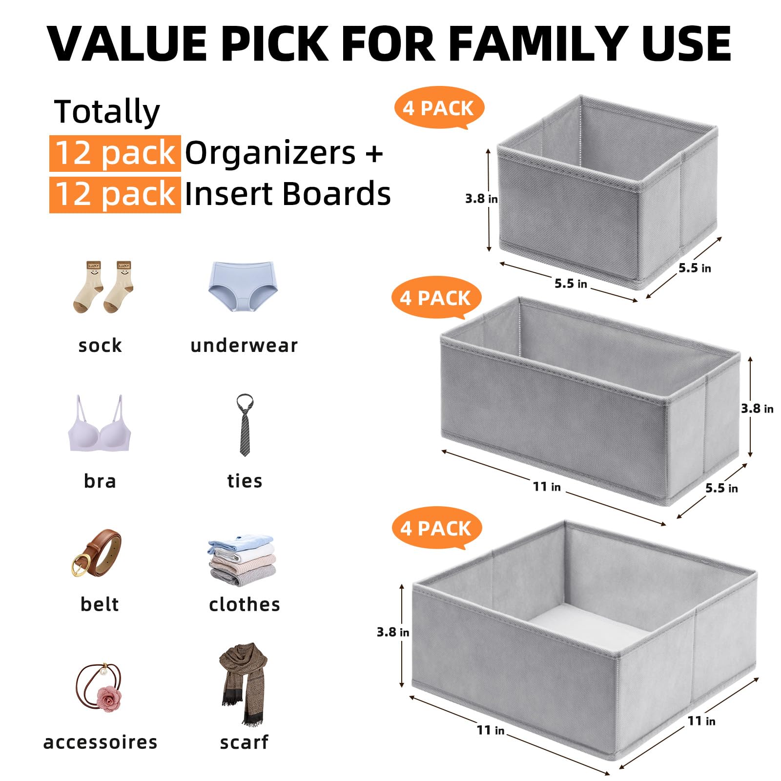 12-Pack Criusia Drawer Organizers for Clothes - Dresser Storage Bins for Closet, Bedroom & Nursery - Baby Clothes Organizer & Underwear/Sock Divider - Grey | Perfect for Home Organization, Space Saving & Decluttering
