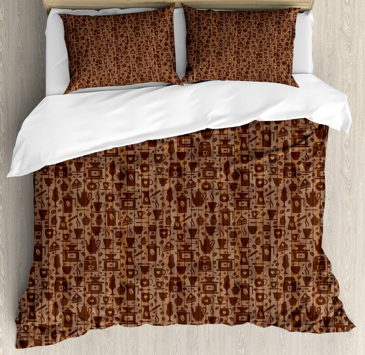 Ambesonne Modern 3-Piece Duvet Cover Set King Size - Coffee Mug & Teapot Bakery Illustration in Cocoa Redwood, Includes 2 Pillow Shams | Perfect for Bedroom Decor, Gift for Coffee Lovers & Cozy Home Styling