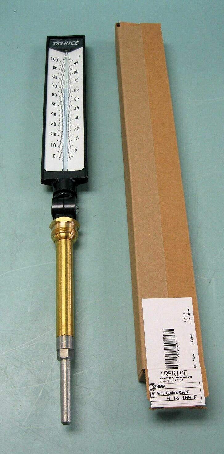 Trerice BX9140802 Industrial Thermometer - 0-100°F Temperature Range, 8-Inch Stem & 9-Inch Scale for HVAC, Food Processing, and Laboratory Use