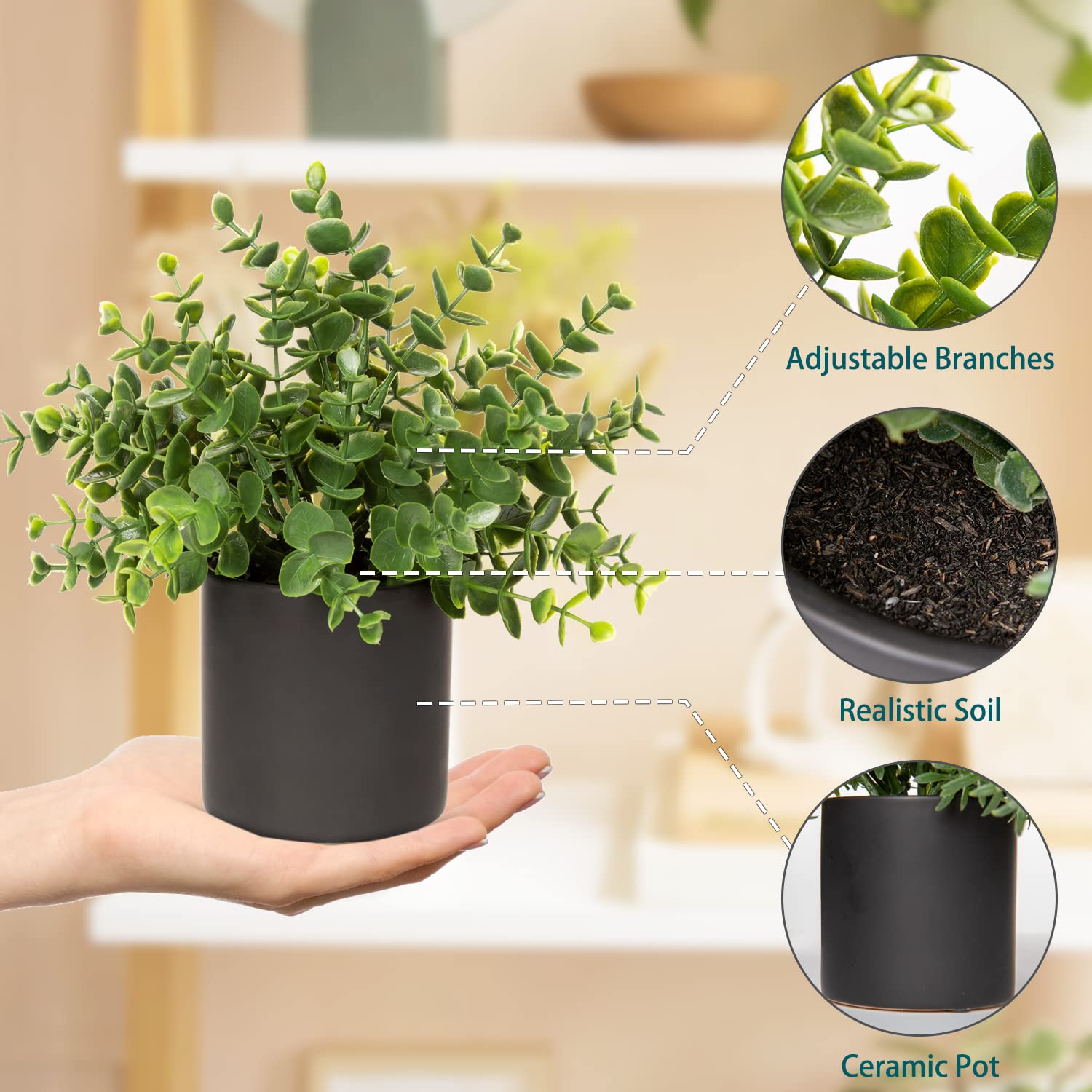 3 Pack Small Fake Potted Plants with Ceramic Pots - Artificial Greenery for Shelf, Desk & Bookshelf Decor - Rustic Farmhouse Style Indoor Plants for Home, Office & Living Room Spaces