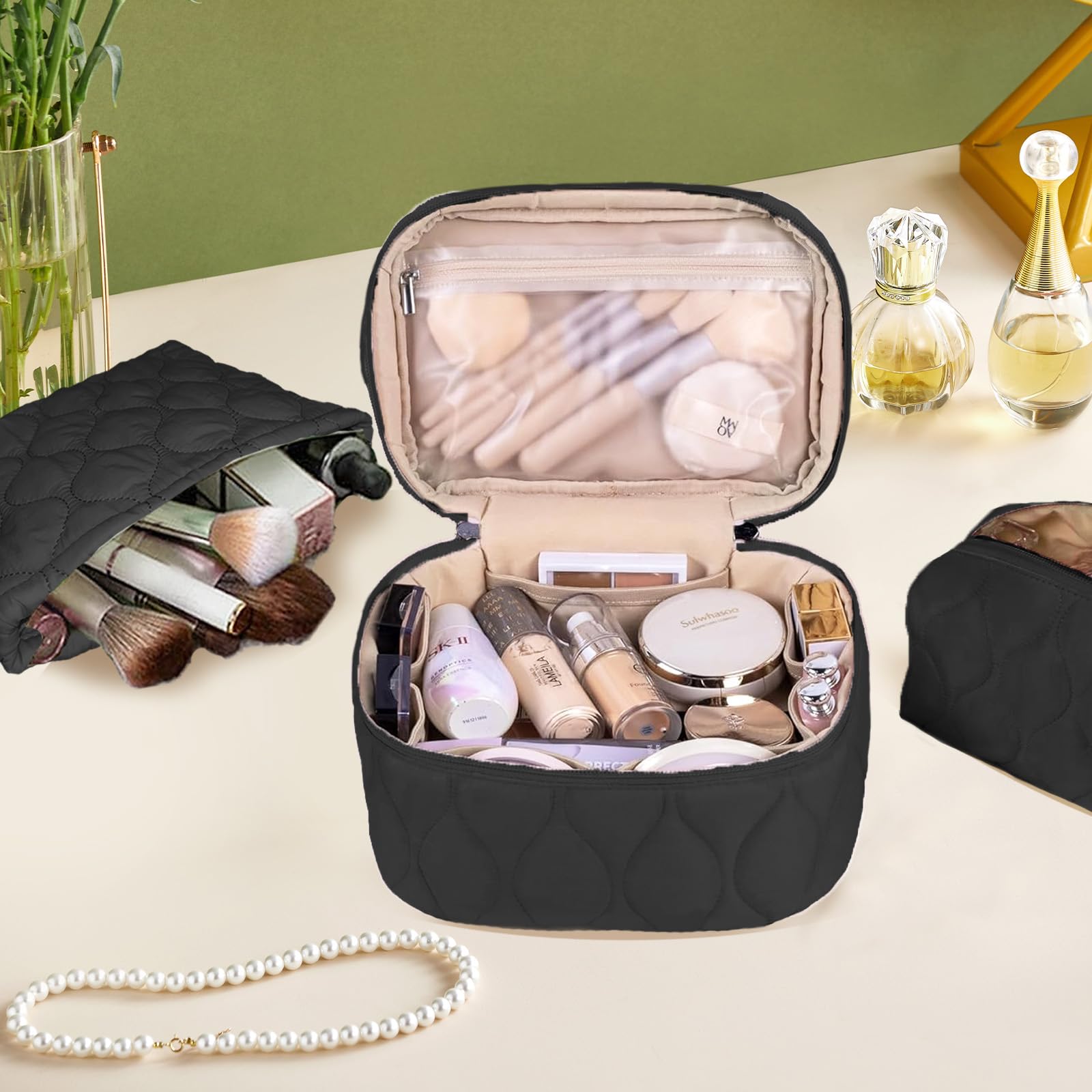 3 PCS Quilted Makeup Bag Set - Small Medium Large Cosmetic & Toiletry Travel Organizer for Women Girls | Cute Puffy Portable Coquette Style | Perfect for Travel, Gym, Daily Use & Gift Giving | Black