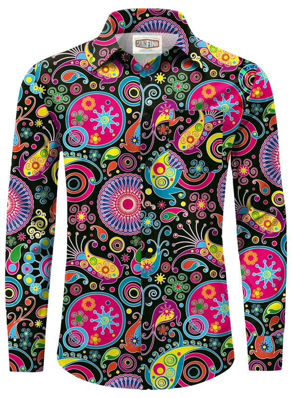 Mainfini Men's 70s Hippie Button Up Shirt - Vintage Floral Paisley Long Sleeve Dress Shirt for Casual & Party Wear (S-XXL) - Perfect for Music Festivals, Retro Themed Parties & Boho Style Outfits