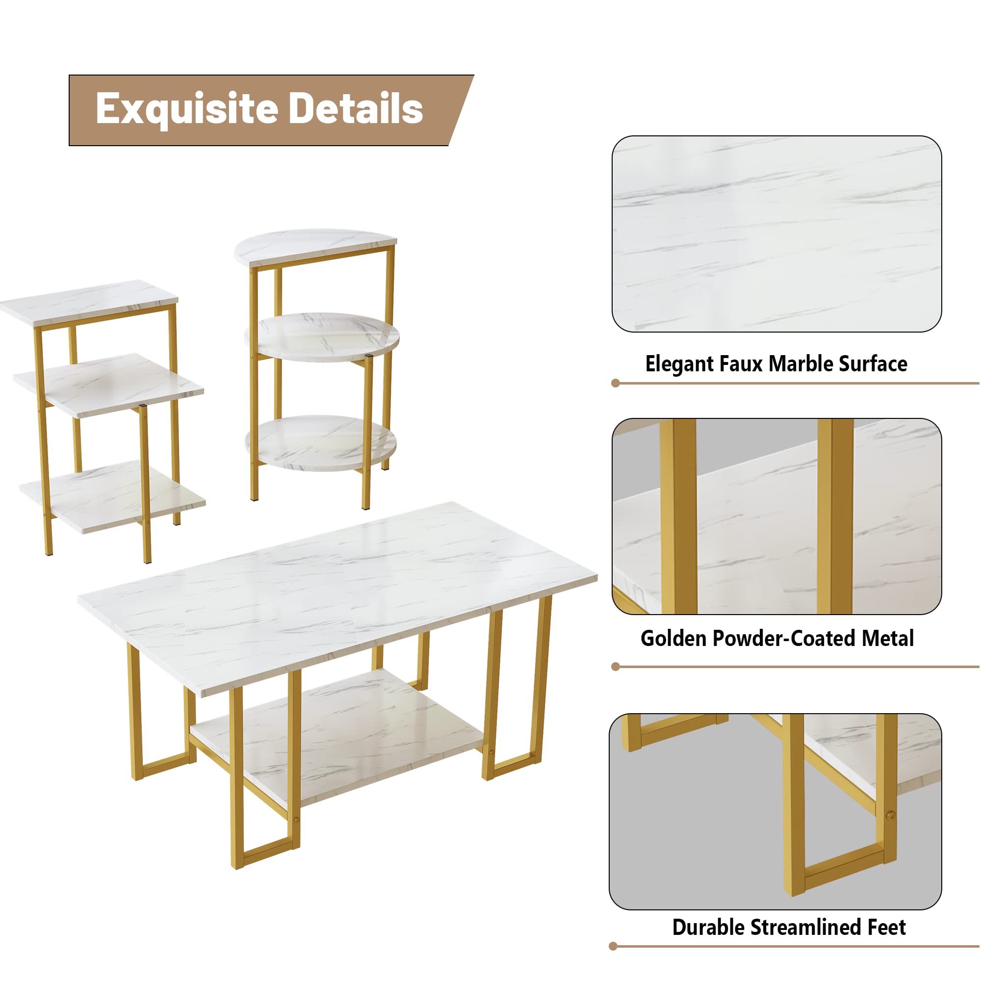 Premium Faux Marble Coffee Table Set with 2 End Tables - Modern 3-Piece Living Room Furniture with Storage Shelves & Sturdy Metal Frame, White & Gold Finish | Space-Saving Design for Apartments & Small Spaces | Perfect for Entertaining, Relaxing & Home Decor