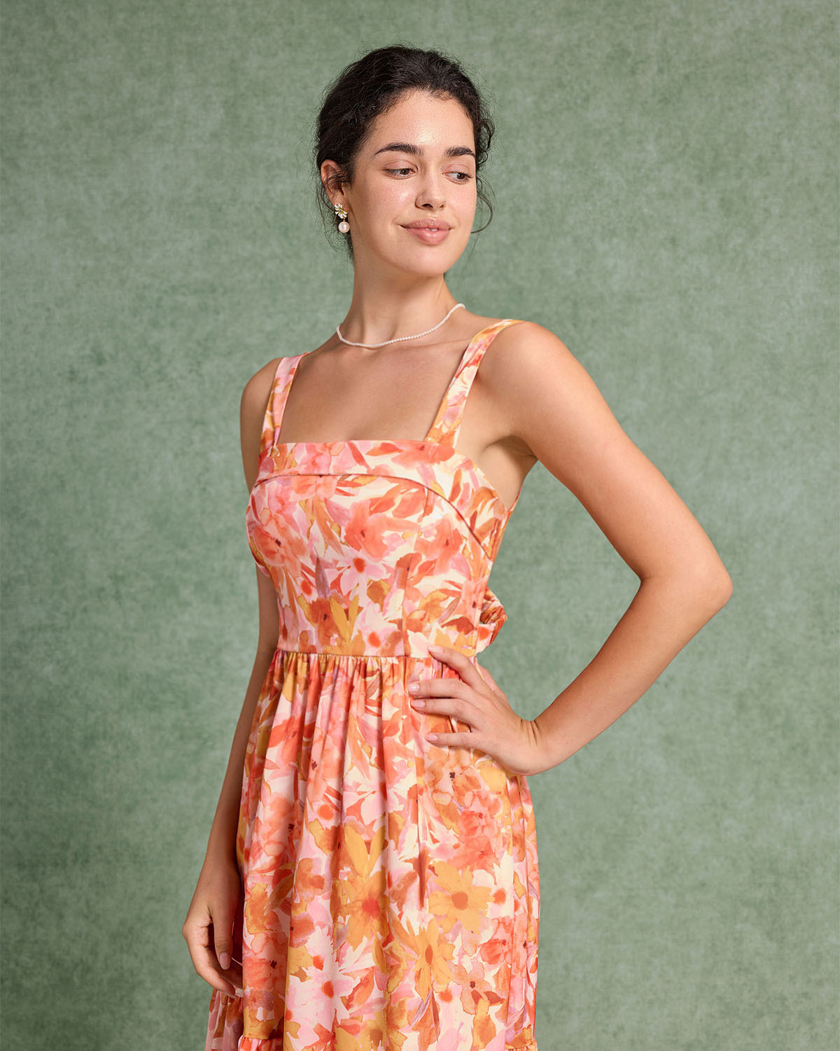 Orange Floral Print Square Neck Midi Dress - Summer Flowy A-Line Dress for Women | Perfect for Beach Vacations, Garden Parties & Date Nights