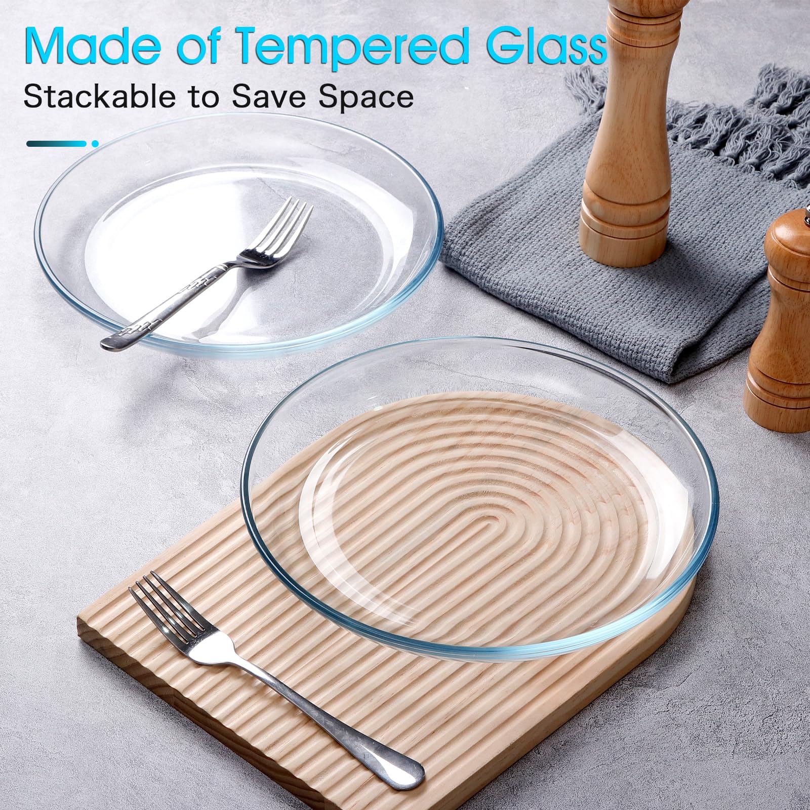 NUTRIUPS 4 Pack 10 Inch Clear Tempered Glass Dinner Plates - Durable Microwave & Dishwasher Safe Serving Dishes for Pasta, Salad, Desserts - Perfect for Restaurants, Dinner Parties & Everyday Use