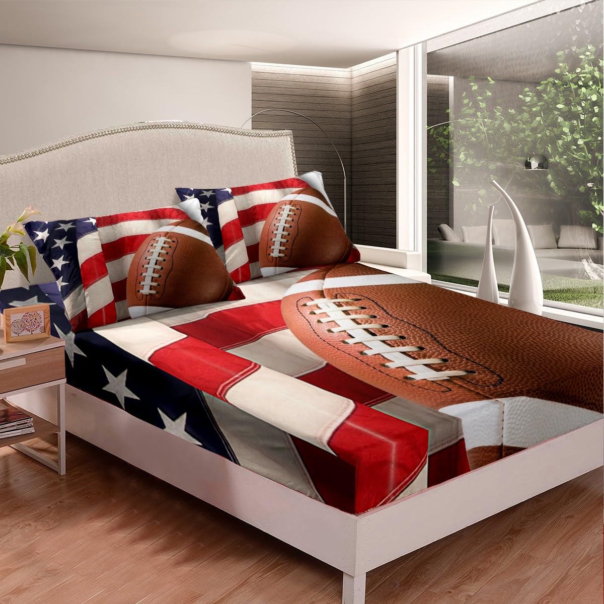 Jejeloiu American Flag Football Fitted Sheet Set - Queen Size Bedding for Kids, Boys & Girls - Rugby Style Athletic Championship Bed Cover with Deep Pockets - Perfect for Game Day Decor, Sports Themed Bedrooms & Fan Room Makeovers