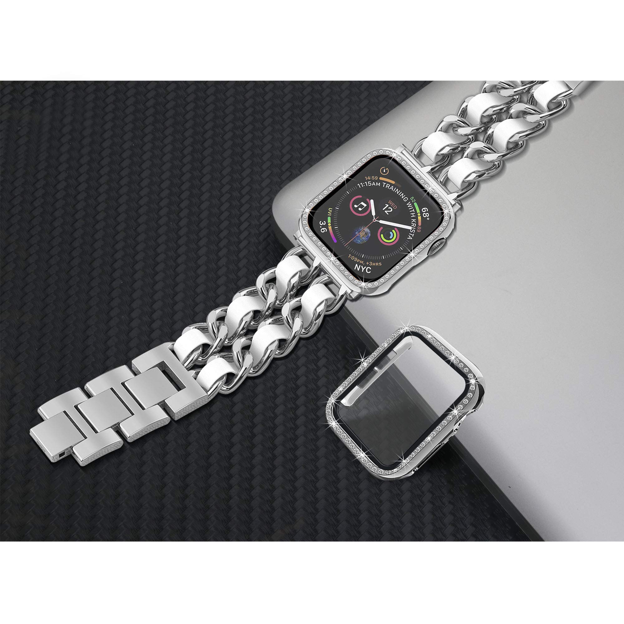 Mosonio Luxury Metal & Leather Apple Watch Band 44mm Compatible with Series SE/6/5/4 - Silver Link Bracelet with White Leather Strap + 2-Pack Screen Protectors & Case - Elegant Jewelry Replacement Band for Women | Perfect for Work, Parties & Everyday Wear