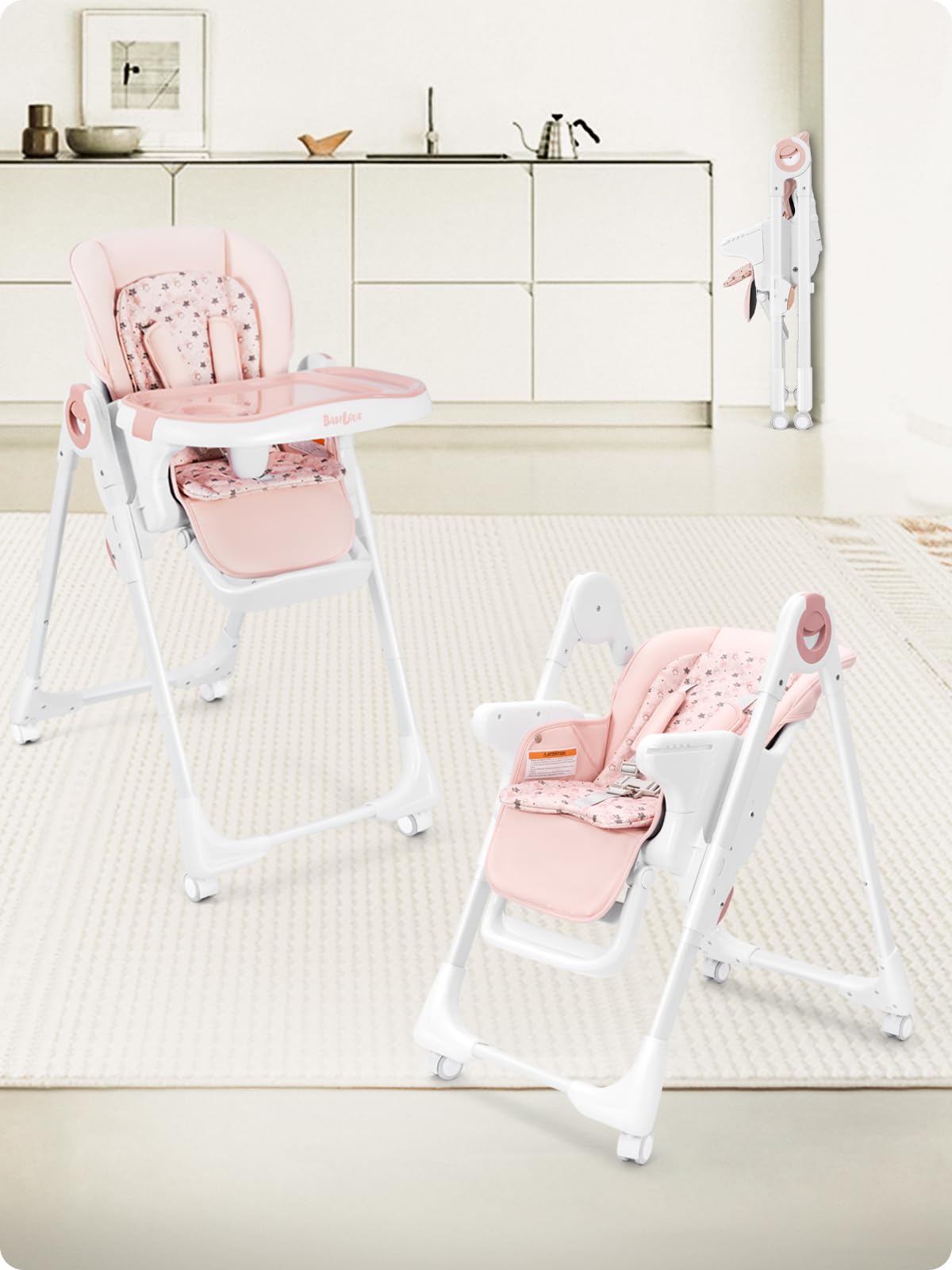 Convertible High Chair for Babies & Toddlers - Adjustable Foldable Baby Dining Chair with Backrest, Footrest & Tray | Lockable Wheels | Star Pink | Perfect for Home, Restaurant & Travel Use