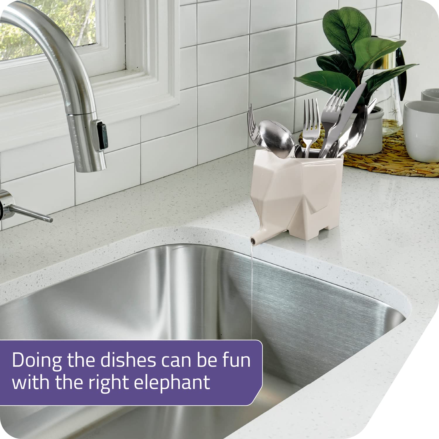 PELEG DESIGN Jumbo Elephant Cutlery Holder - Cute Plastic Drainer & Organizer for Sink, Utensils, Toothbrush Storage (Cream) | Kitchen Counter & Bathroom Decor Accessory