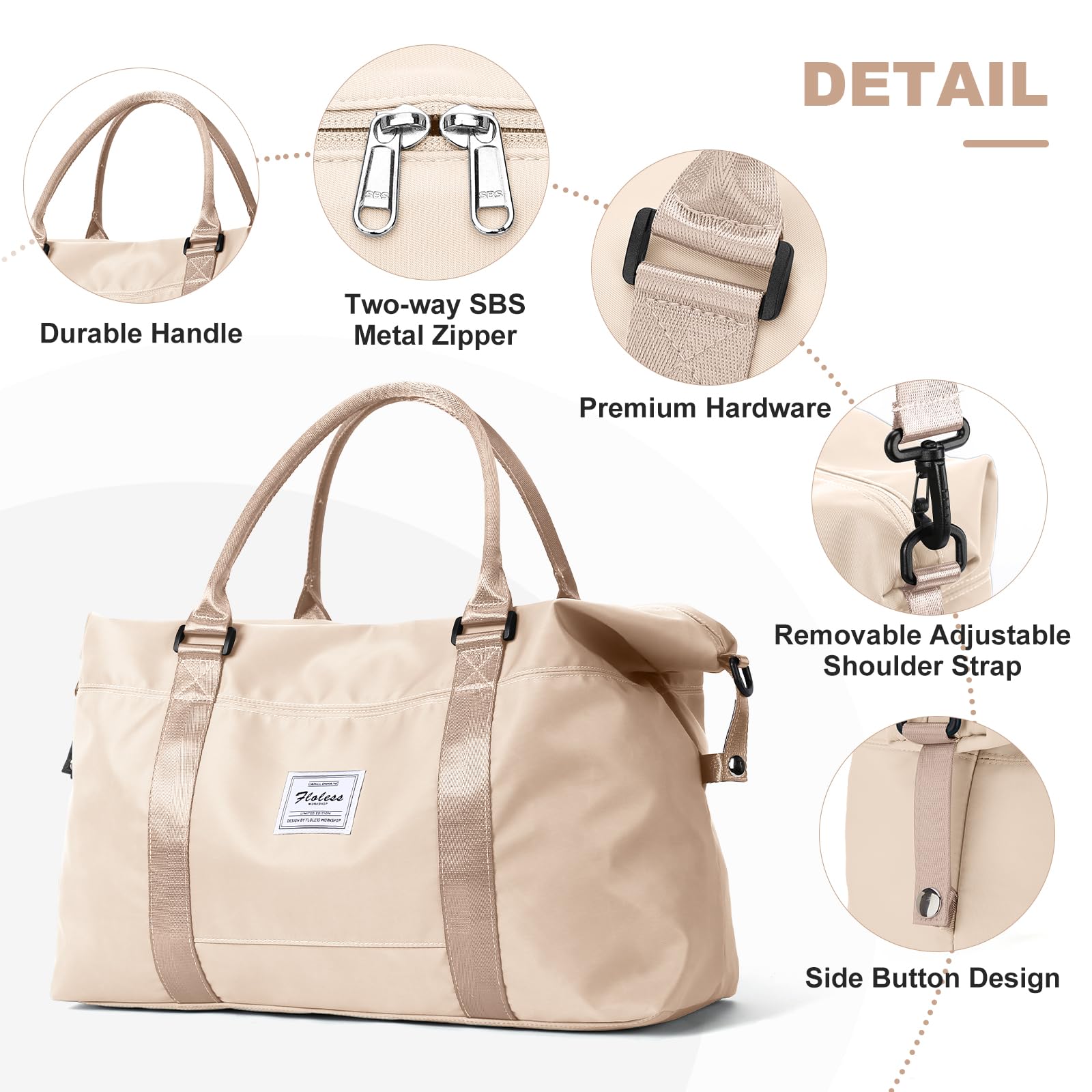 Women's Extra Large Travel Duffel Bag with Toiletry & Wet Pocket - Waterproof Weekender Overnight Gym Bag for Carry-On, Beige | Perfect for Business Trips, Gym Workouts & Weekend Getaways