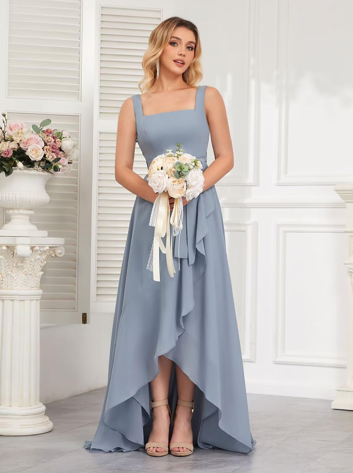 Elegant Square Neck Long Chiffon Bridesmaid Dress with Ruffle High-Low Hem - Formal Evening Gown for Women | Perfect for Weddings, Prom & Special Occasions