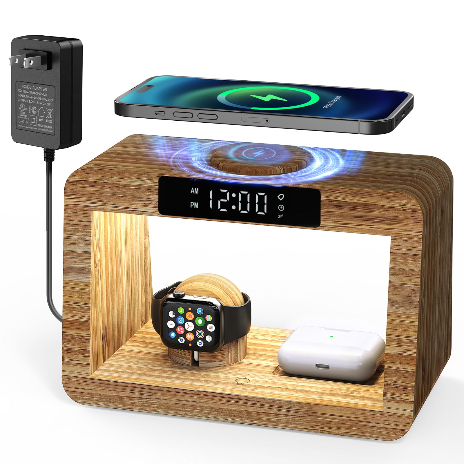 Bamboo Wireless Charging Station with Digital Alarm Clock & Night Light - Fast Qi Charger Stand for iPhone 15/14/13/12/11 Pro Max/X/Xs, AirPods Pro, iWatch Series 8/7/6/5/SE - Perfect for Bedside, Office & Travel Charging
