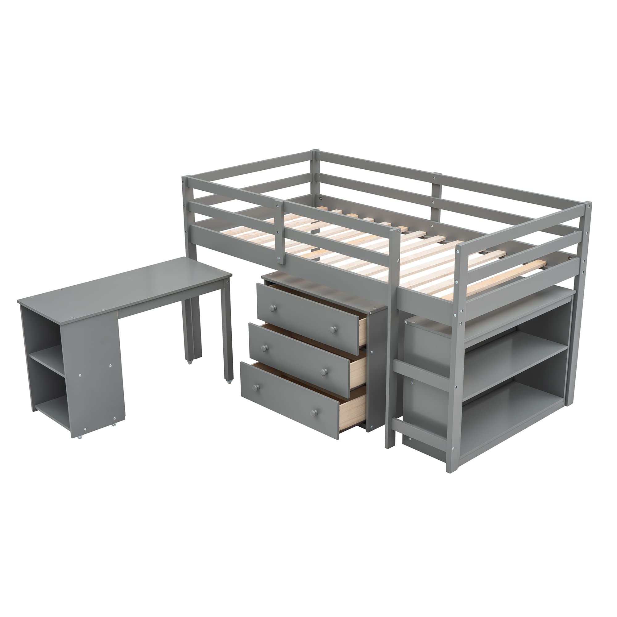 Twin Size Loft Bed with Desk and Cabinet - Low Study Loft Bed Frame for Kids & Teens, Gray - Perfect for Small Rooms, Dormitories & Space-Saving Kids Bedrooms