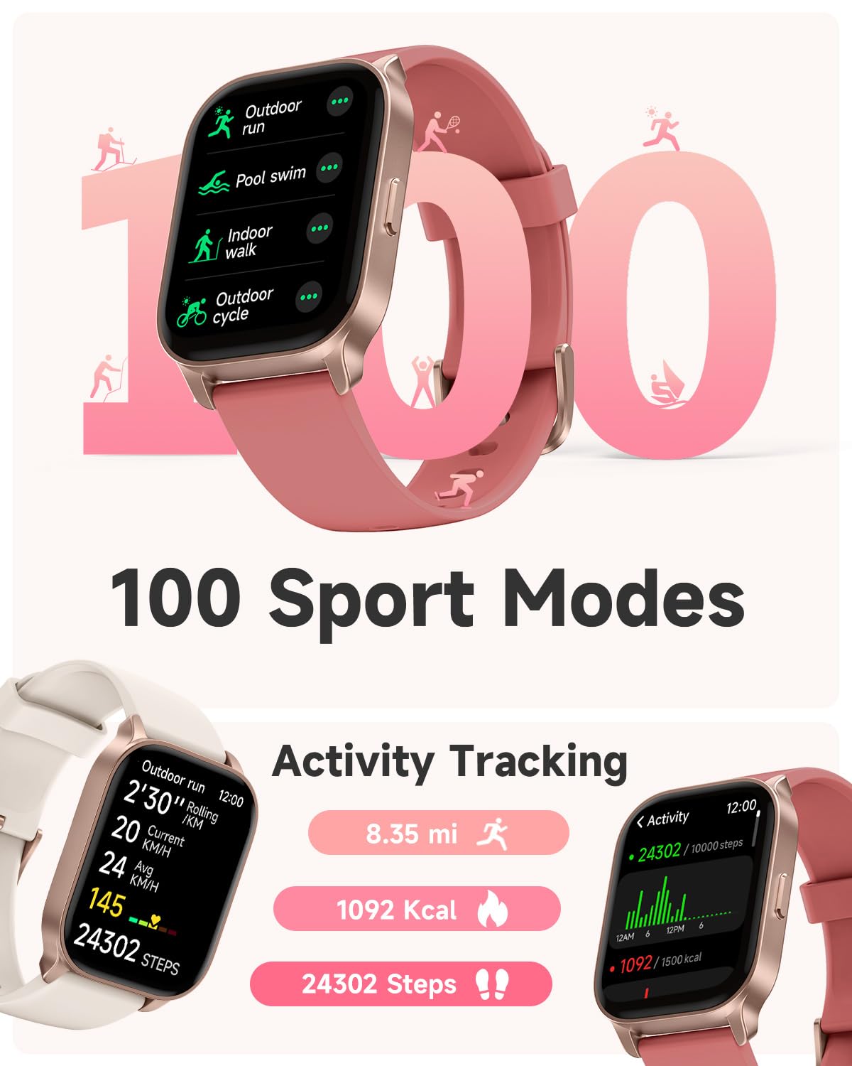 TOOBUR Smart Watch for Women - Fitness Tracker with Heart Rate Monitor, Sleep Tracking & 100+ Sports Modes | IP68 Waterproof Activity Tracker | Make/Answer Calls | Compatible with Android & iOS | Perfect for Workouts, Running & Daily Health Monitoring