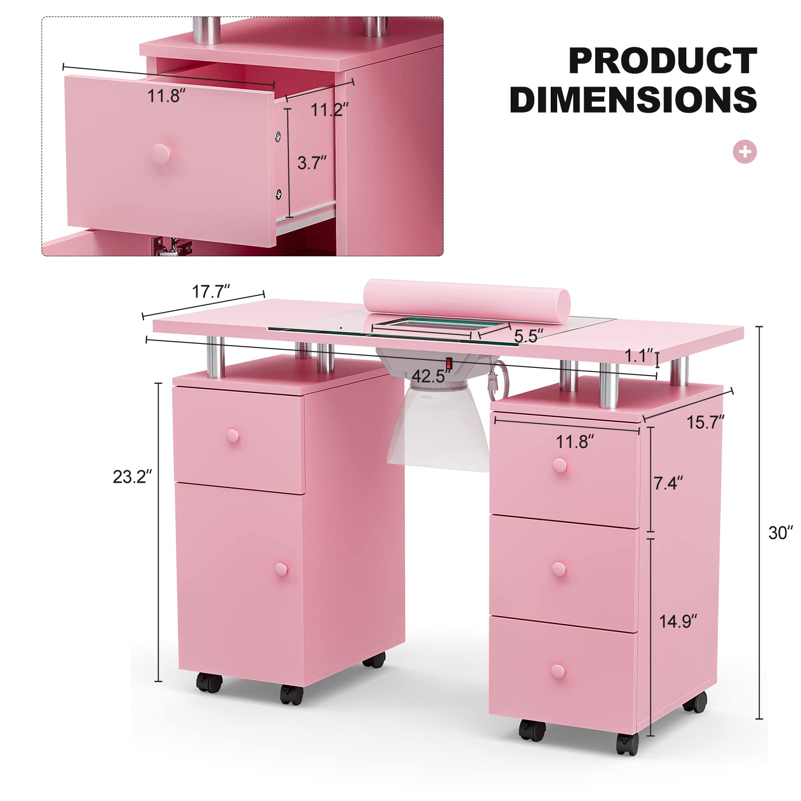 Professional Nail Tech Desk with Glass Top & Built-in Dust Collector - Manicure Table with 3 Dust Bags, Wrist Rest & Storage Drawers - Pink Beauty Salon Workstation for Nail Art, Gel Polish & Pedicure Services