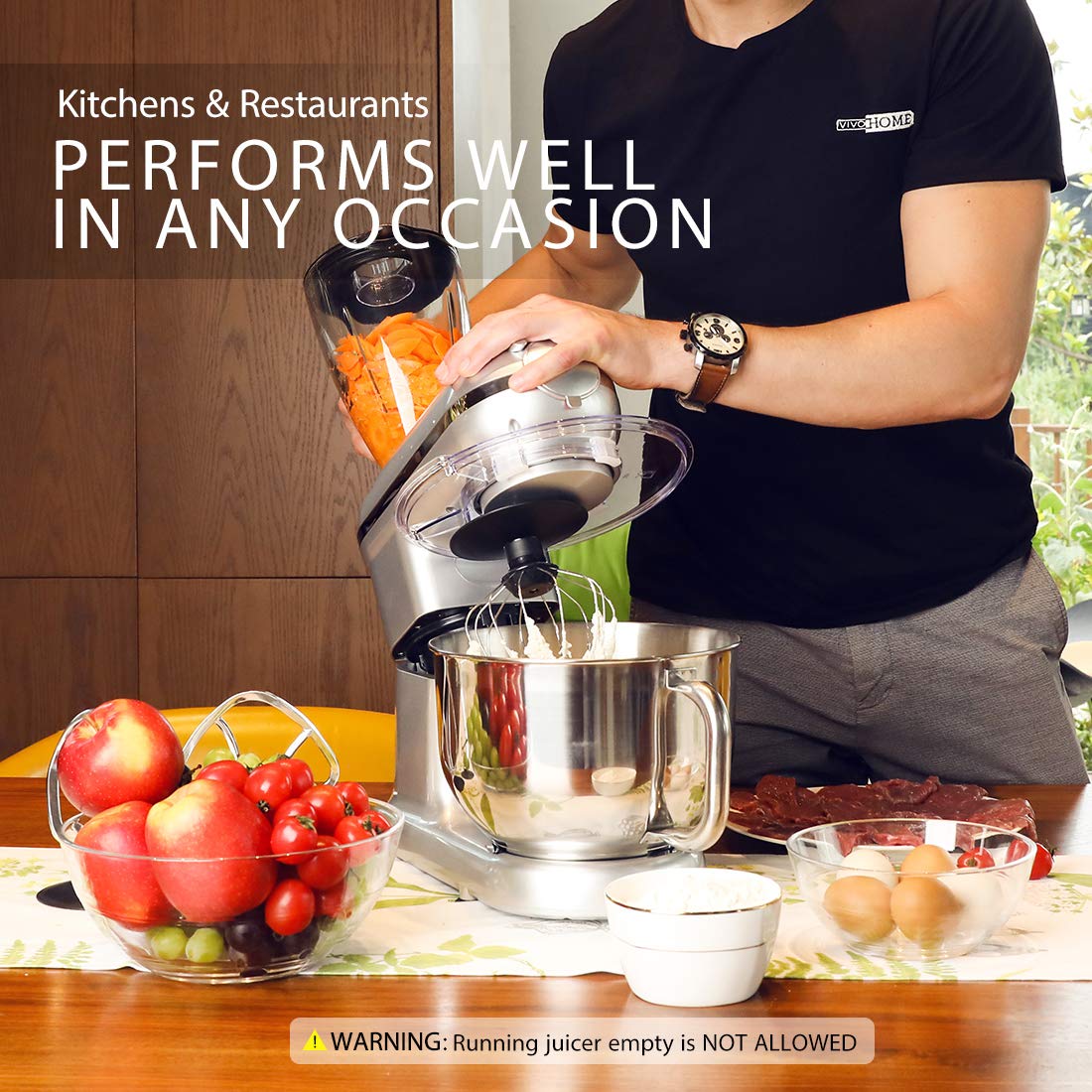 VIVOHOME 3-in-1 Multifunctional Stand Mixer with 6-Quart Stainless Steel Bowl, 650W 6-Speed Tilt-Head Meat Grinder & Juice Blender, Silver - Perfect for Baking, Grinding Meat & Making Smoothies at Home