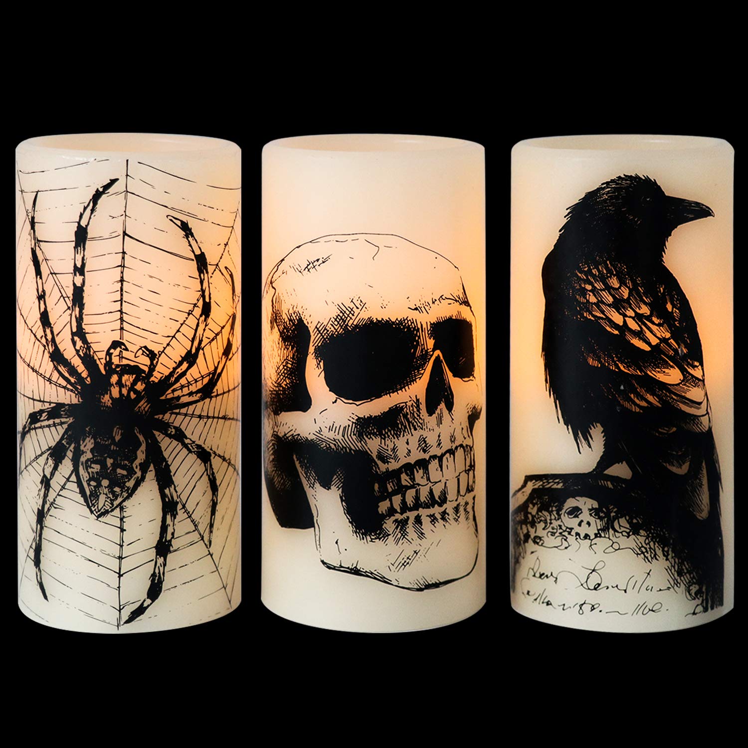 Flameless LED Candles with Real Wax - Halloween Battery Operated Pillar Candles (Pack of 3, 3x6 Inches) - Crow, Raven, Spider Web & Skull Decor for Home, Party & Gift Giving