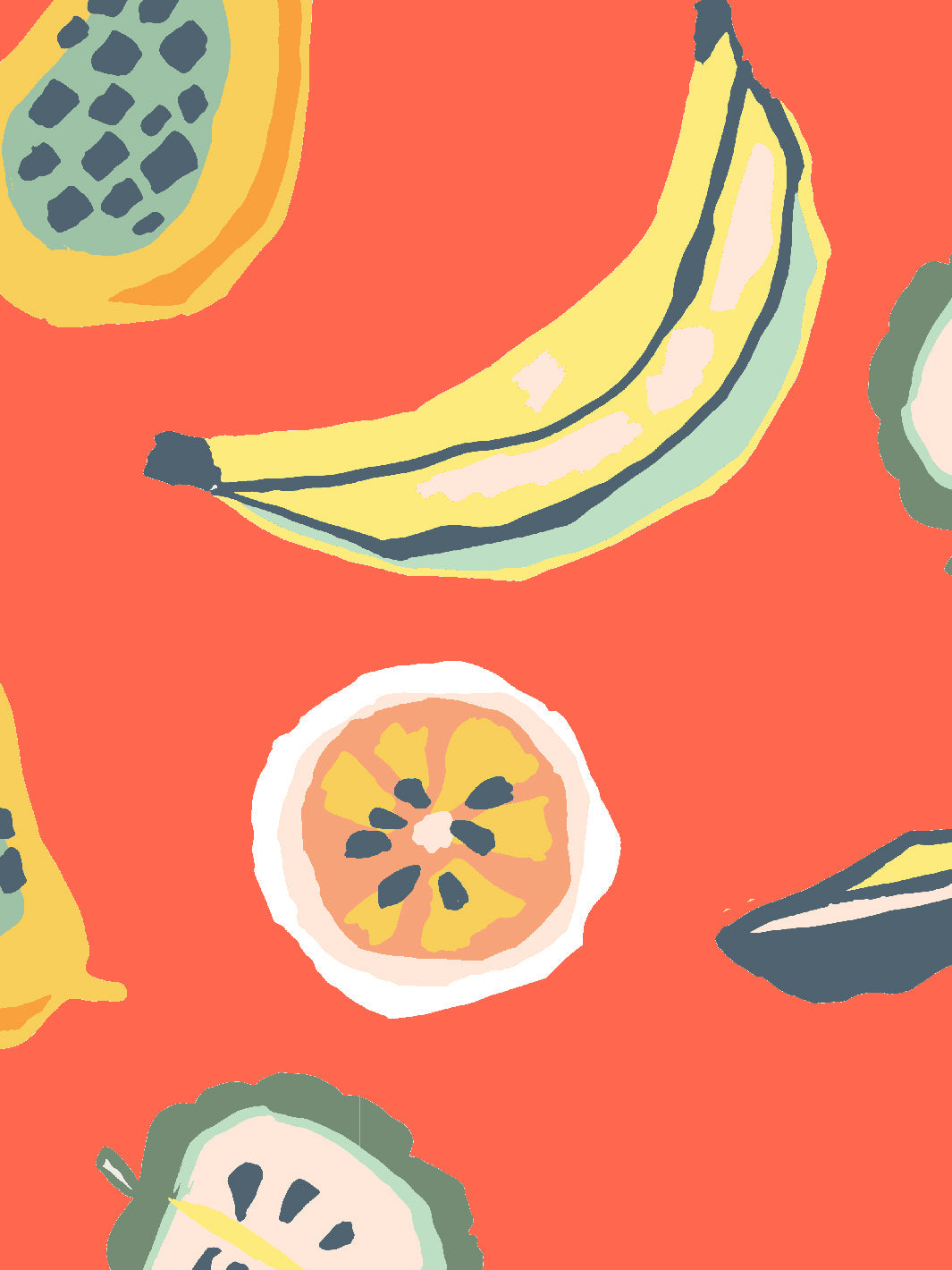 Tea Collection Mango Papaya Wallpaper in Persimmon - Tropical Fruit-Themed Peel & Stick Wallpaper for Nursery, Kids Room, or Kitchen Decor